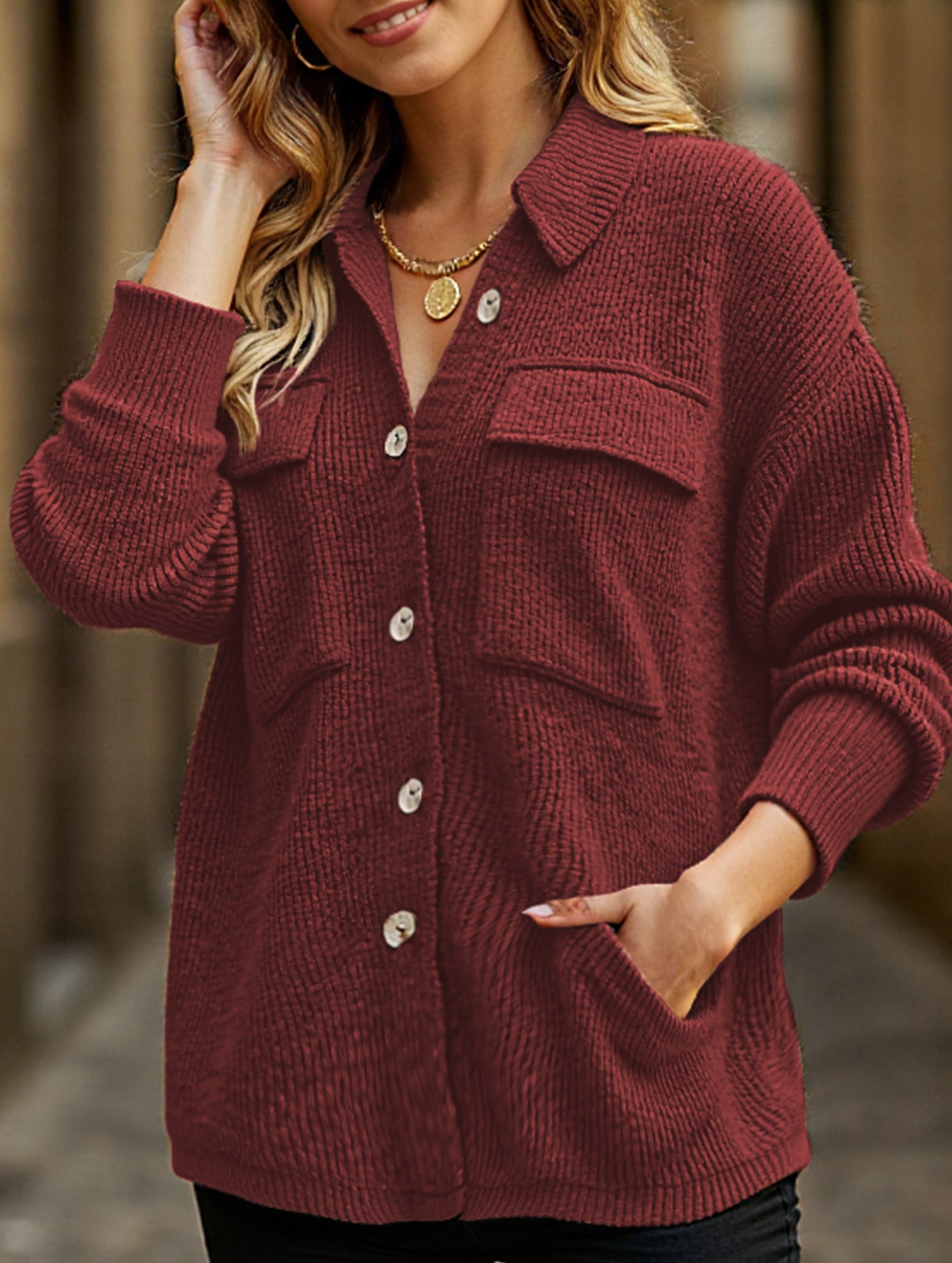 Loose corduroy pocket long-sleeved cardigan jacket