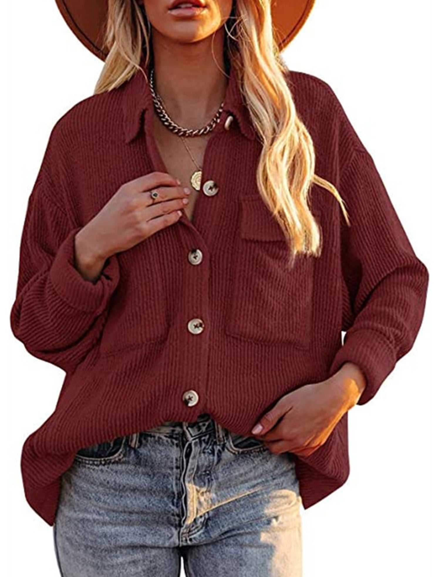 Loose corduroy pocket long-sleeved cardigan jacket