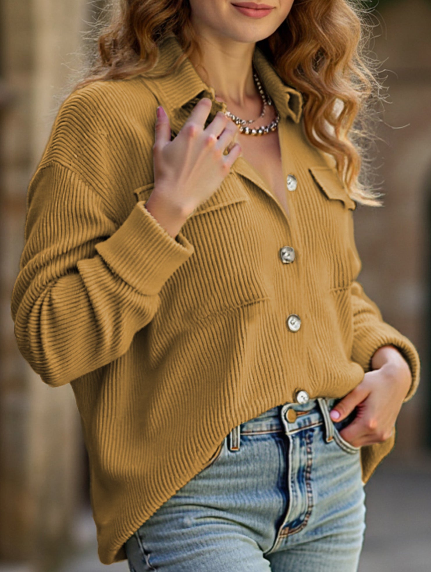 Loose corduroy pocket long-sleeved cardigan jacket
