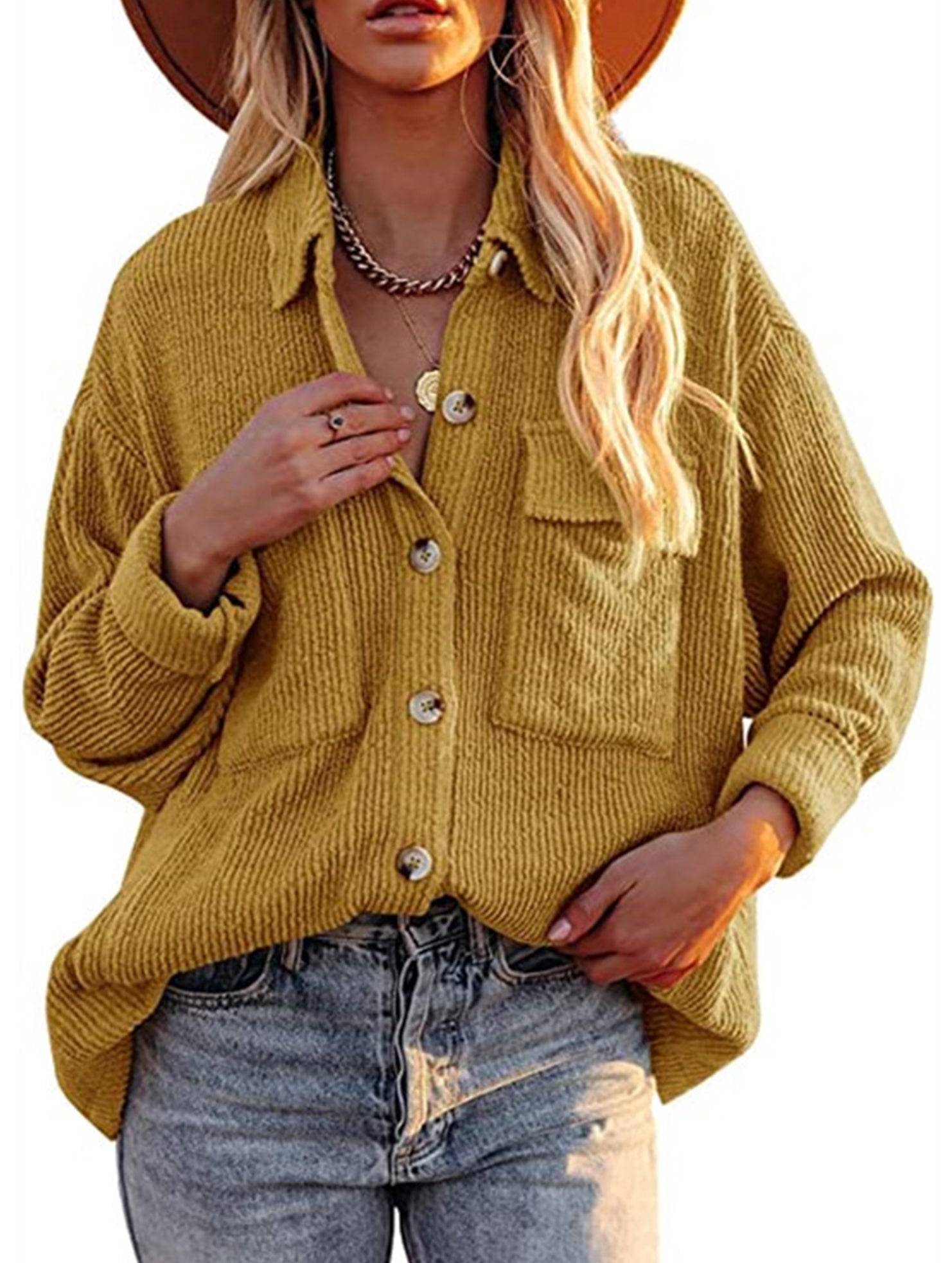 Loose corduroy pocket long-sleeved cardigan jacket