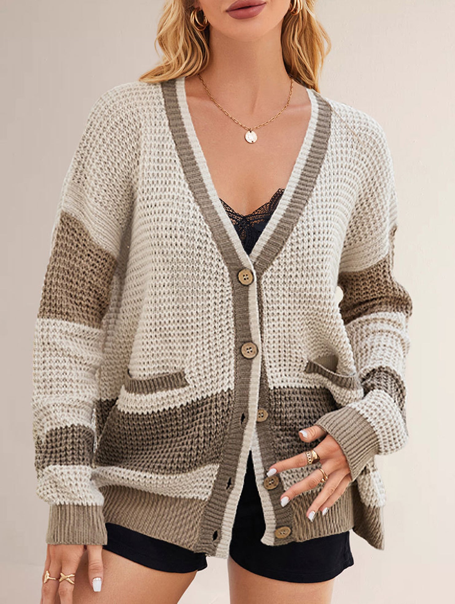 V-neck oversized colorblock cardigan sweater