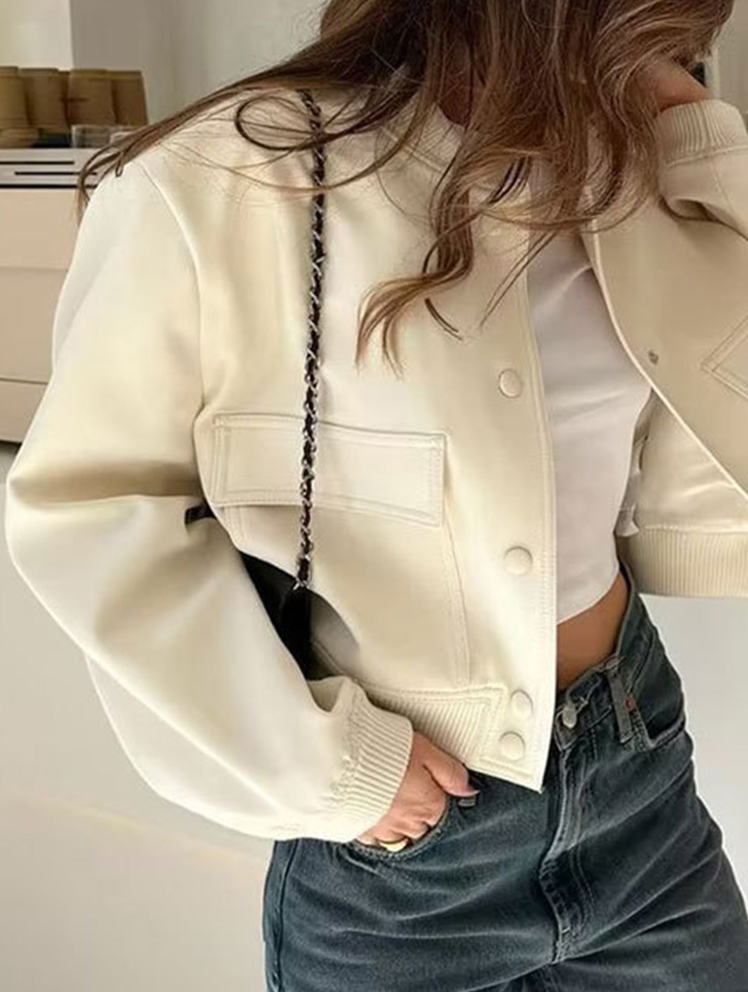 Women's stand collar large pocket jacket