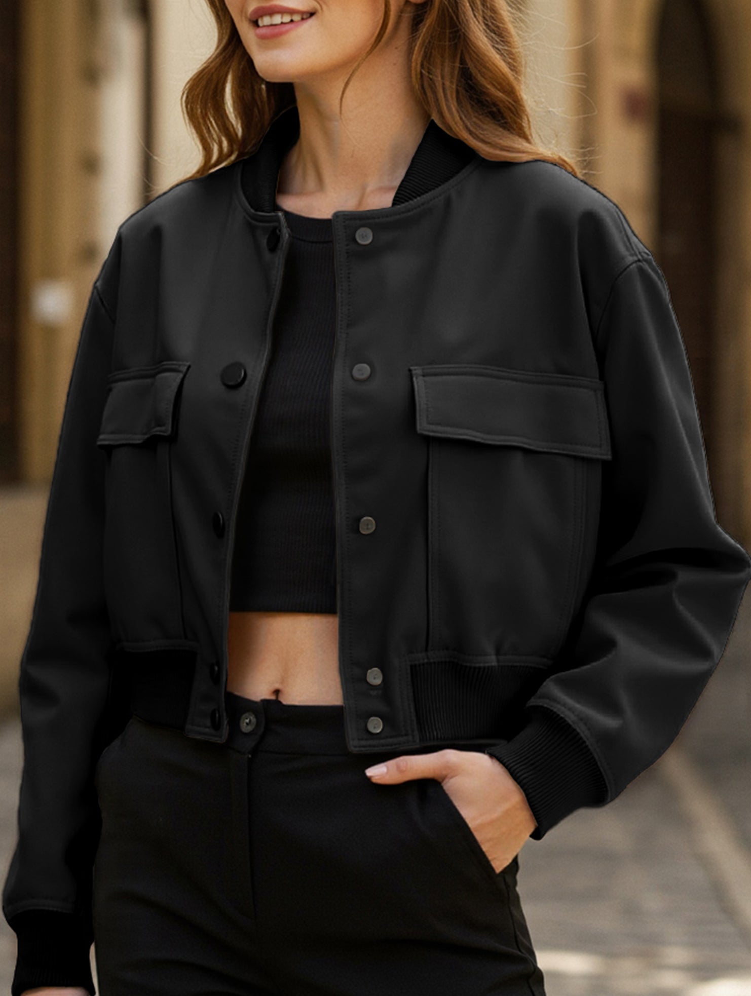 Women's stand collar large pocket jacket