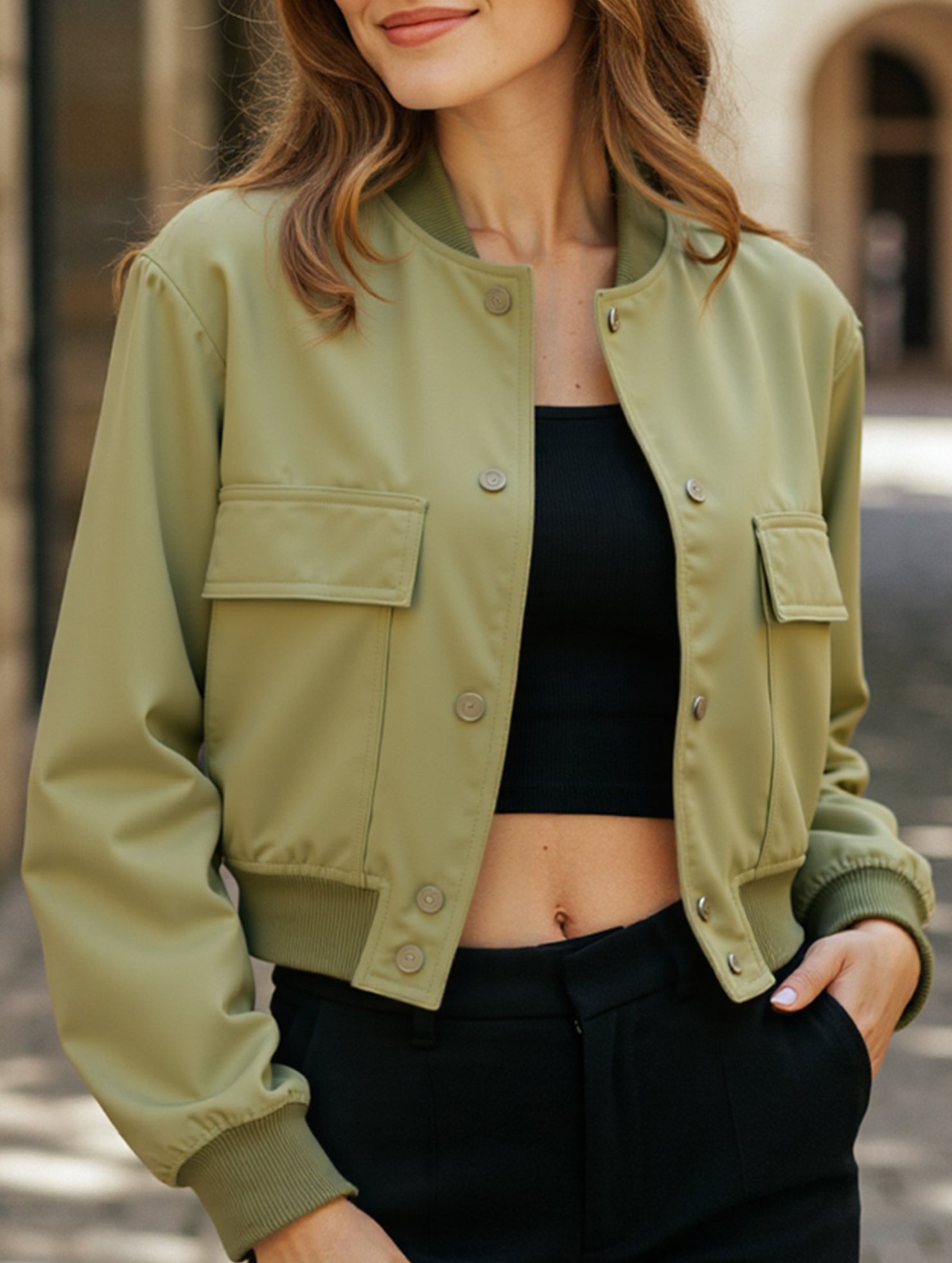 Women's stand collar large pocket jacket