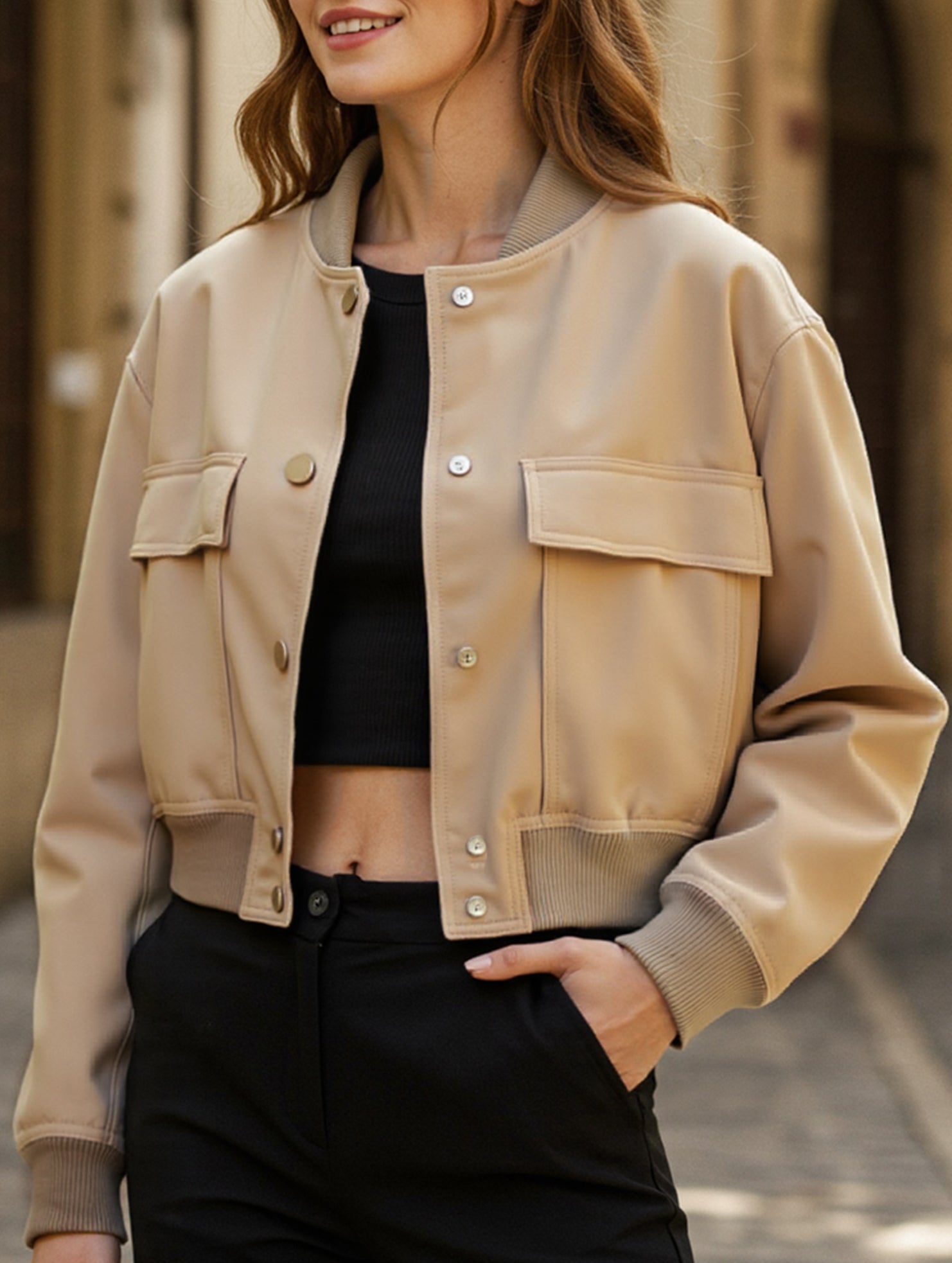Women's stand collar large pocket jacket