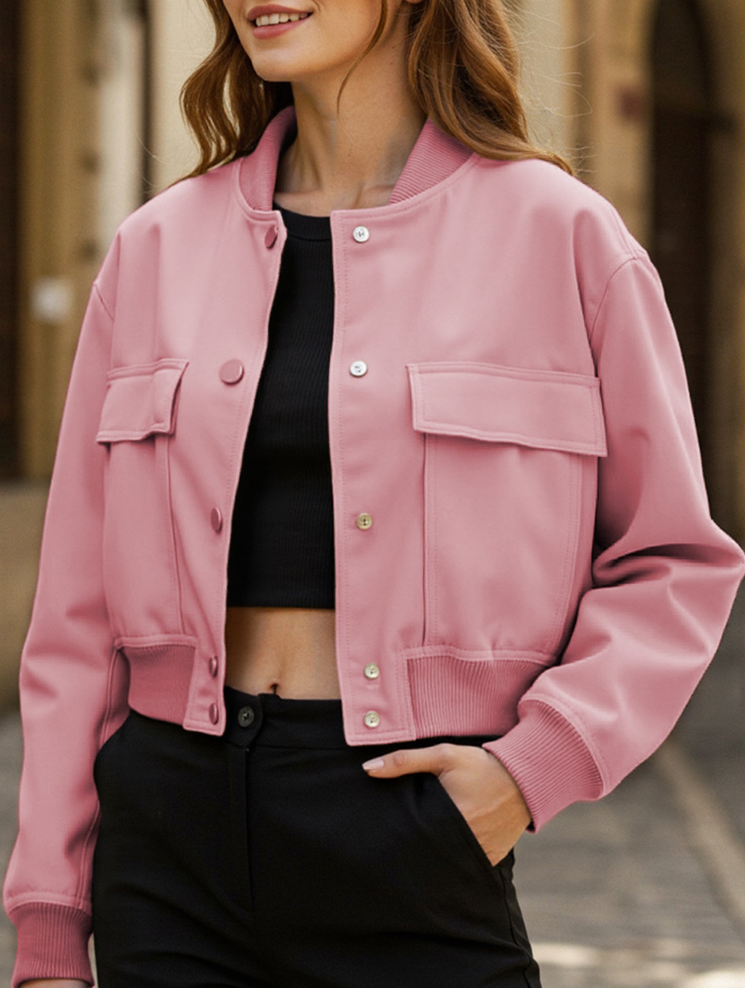 Women's stand collar large pocket jacket