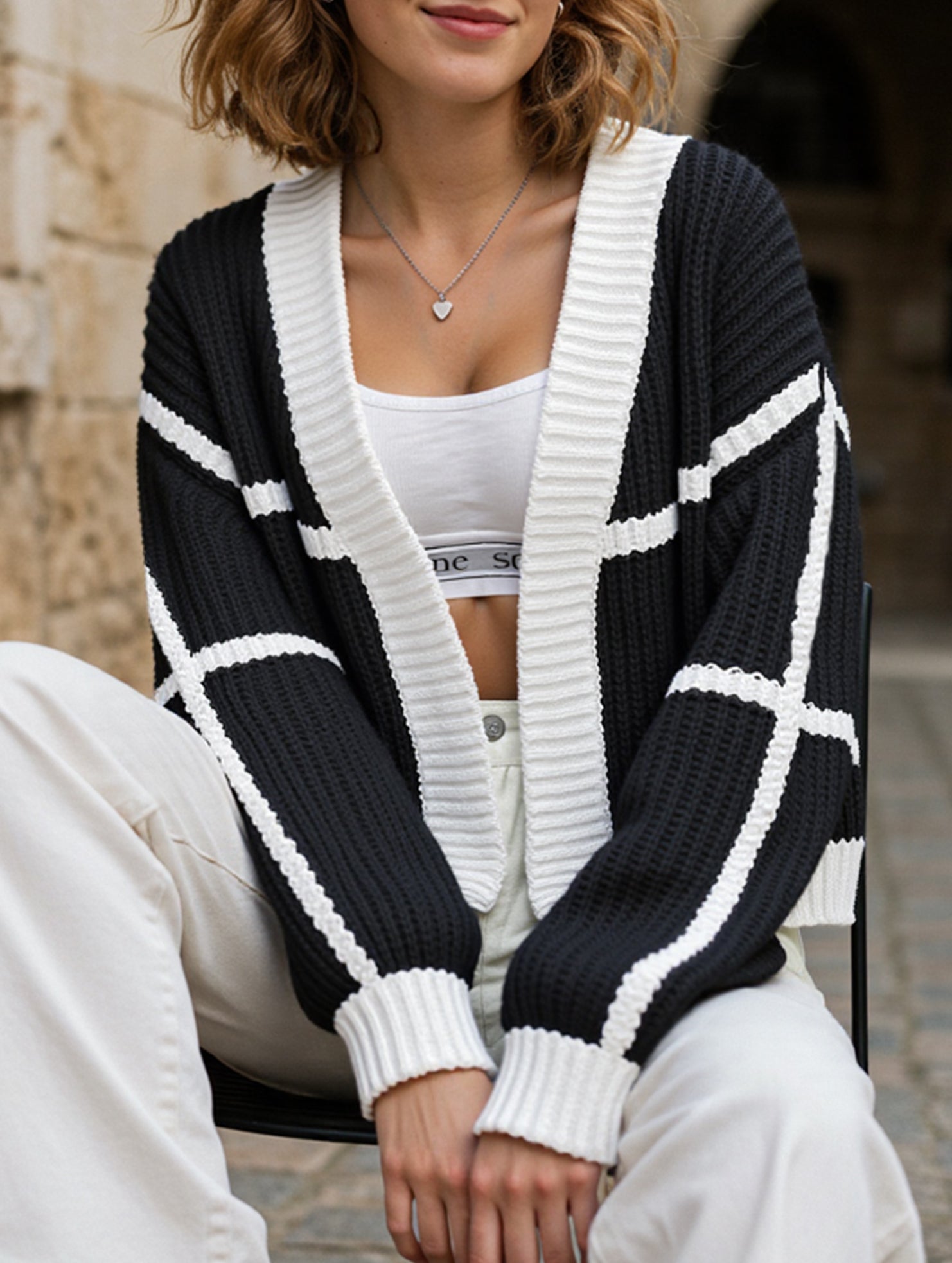 Casual loose jacket contrast color cardigan