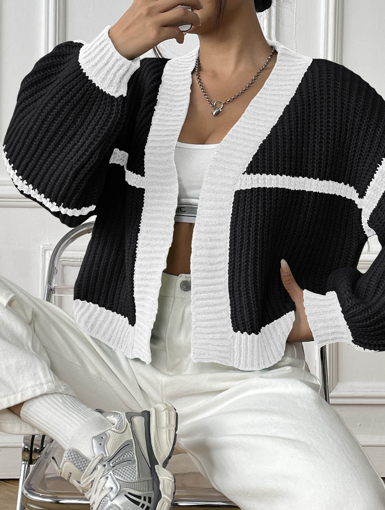 Casual loose jacket contrast color cardigan