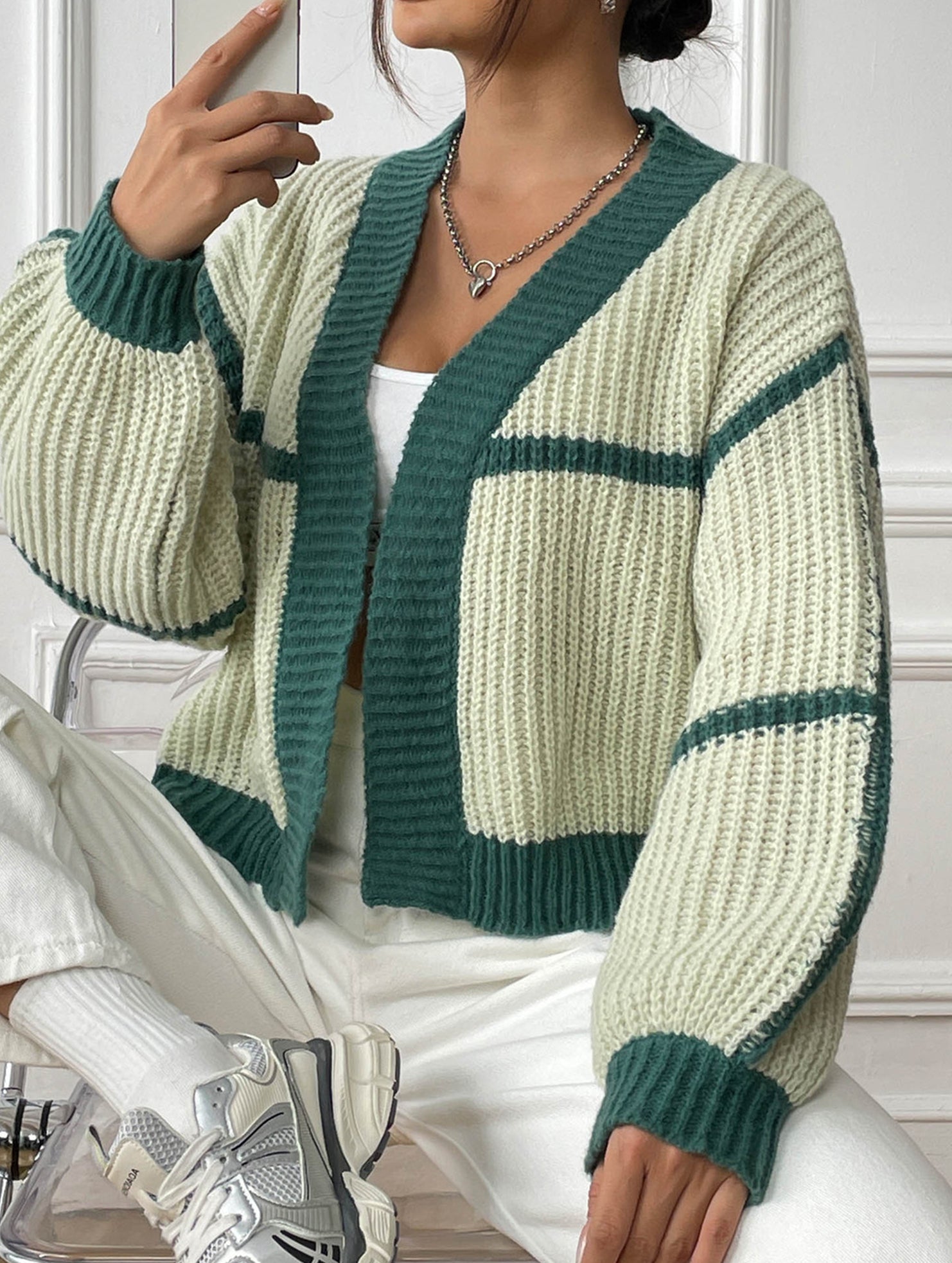Casual loose jacket contrast color cardigan