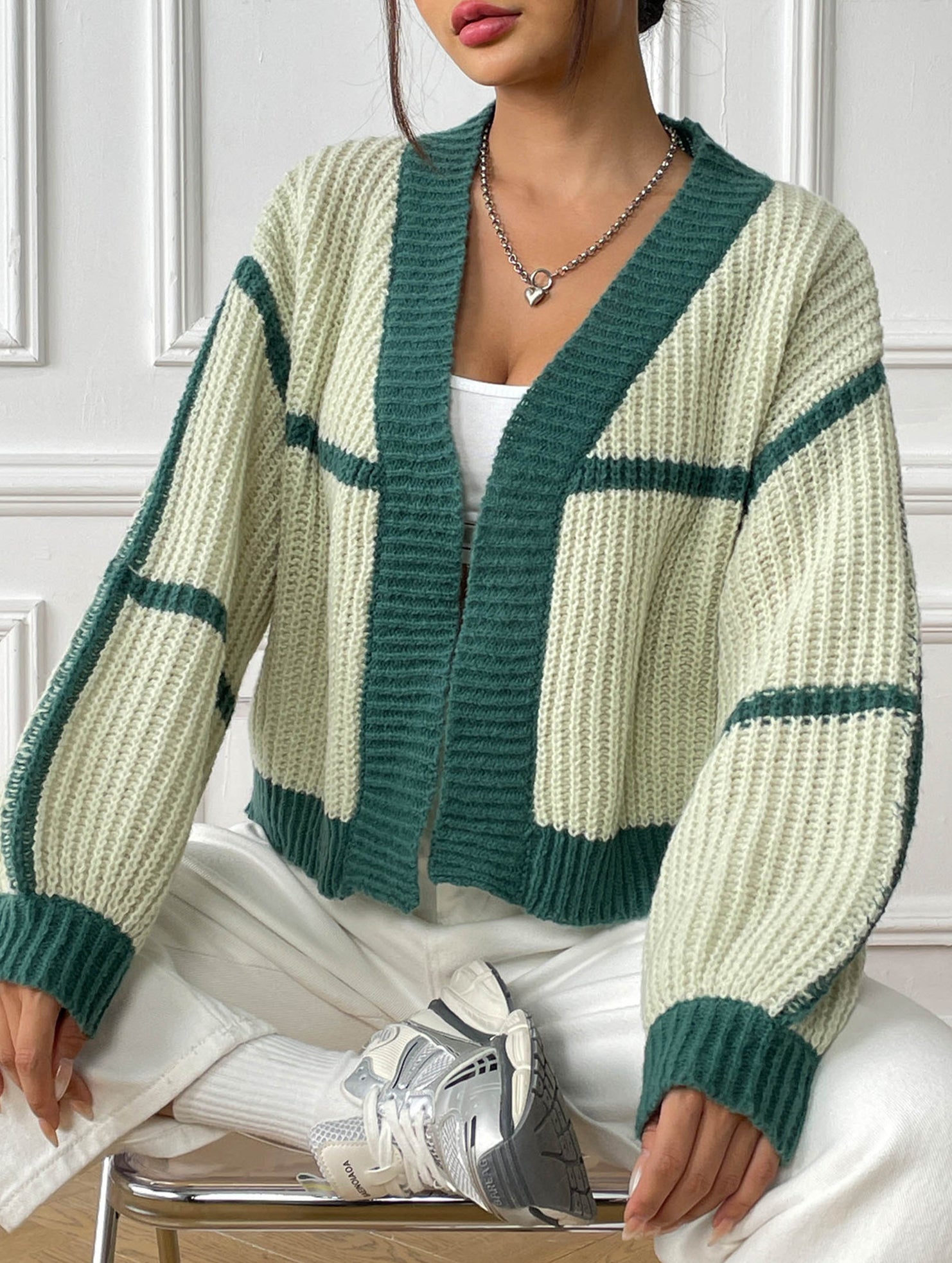 Casual loose jacket contrast color cardigan