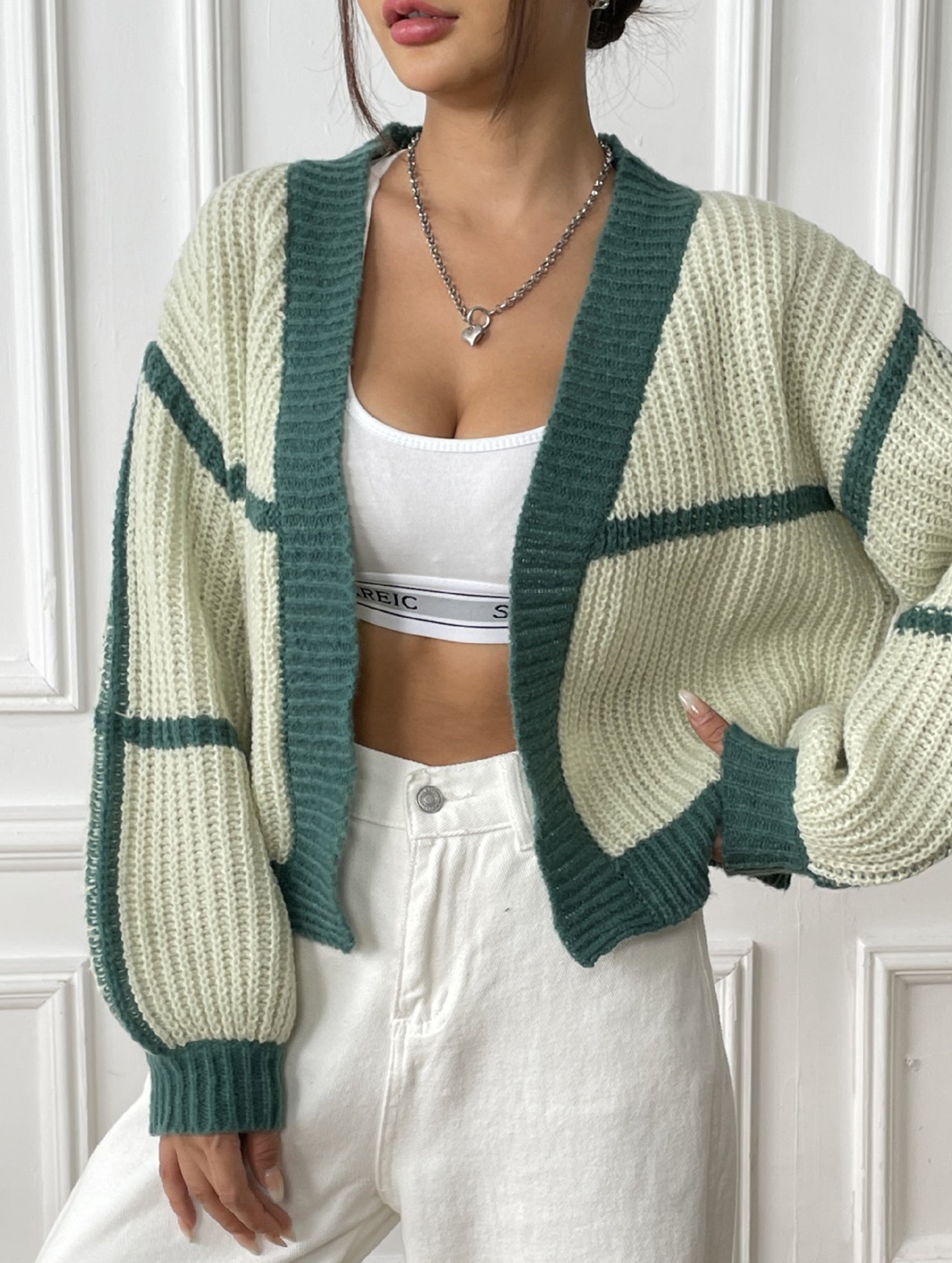 Casual loose jacket contrast color cardigan