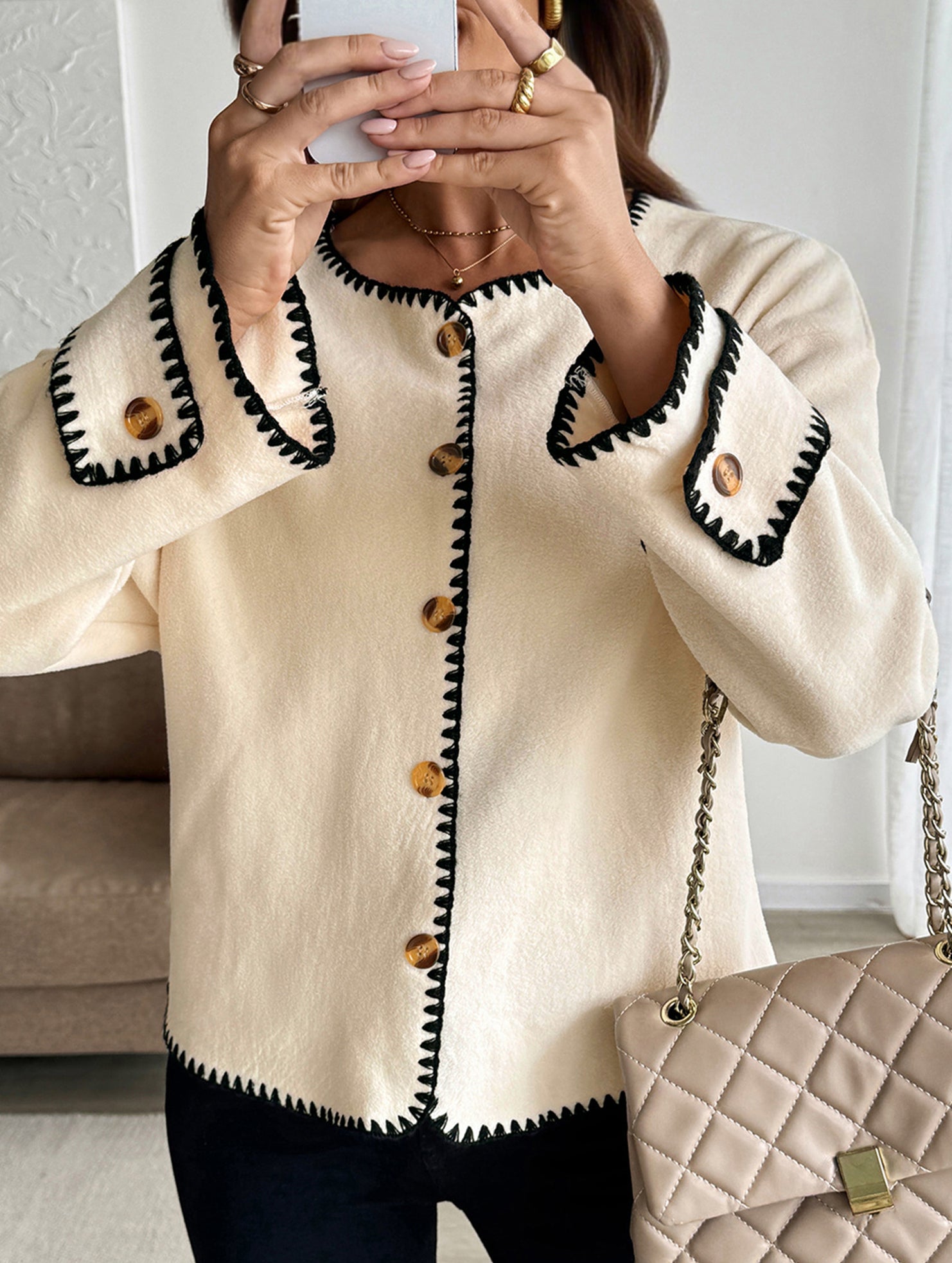 Loose crew neck contrast trim cardigan