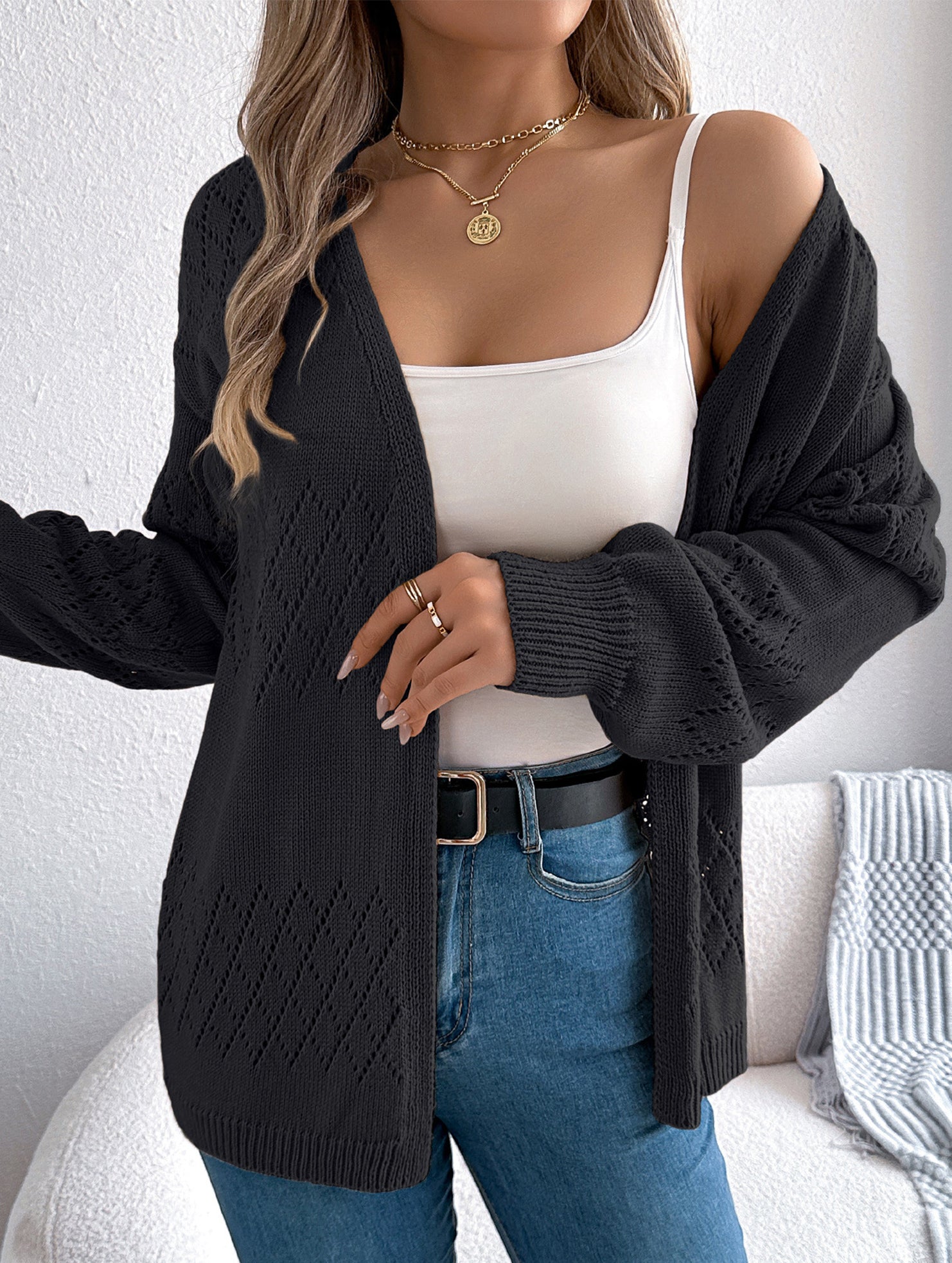 Casual solid color hollow cardigan sweater
