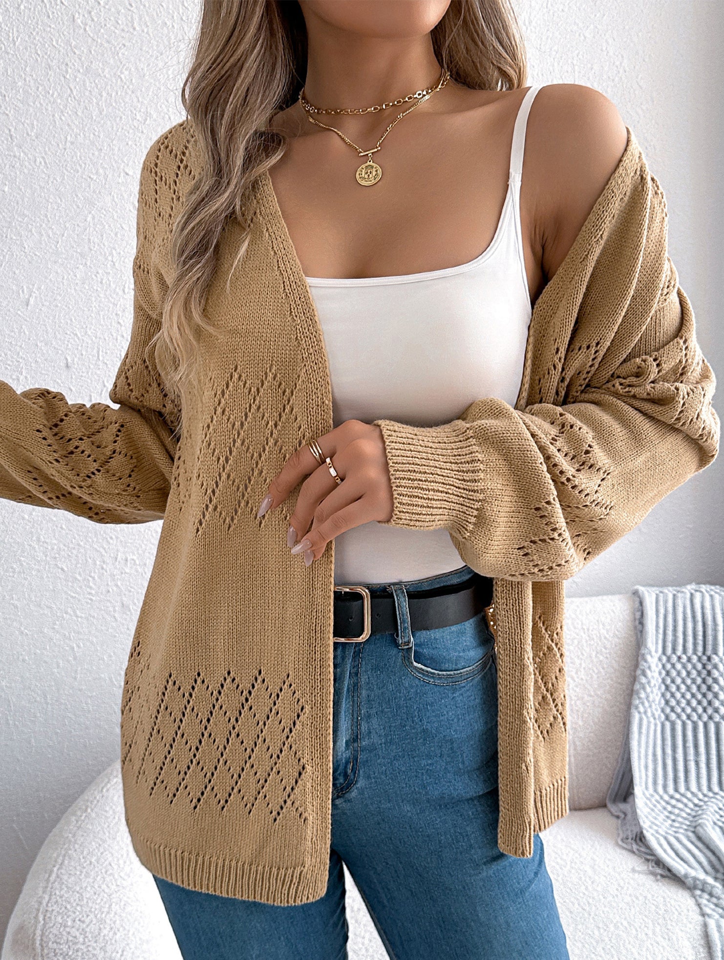 Casual solid color hollow cardigan sweater