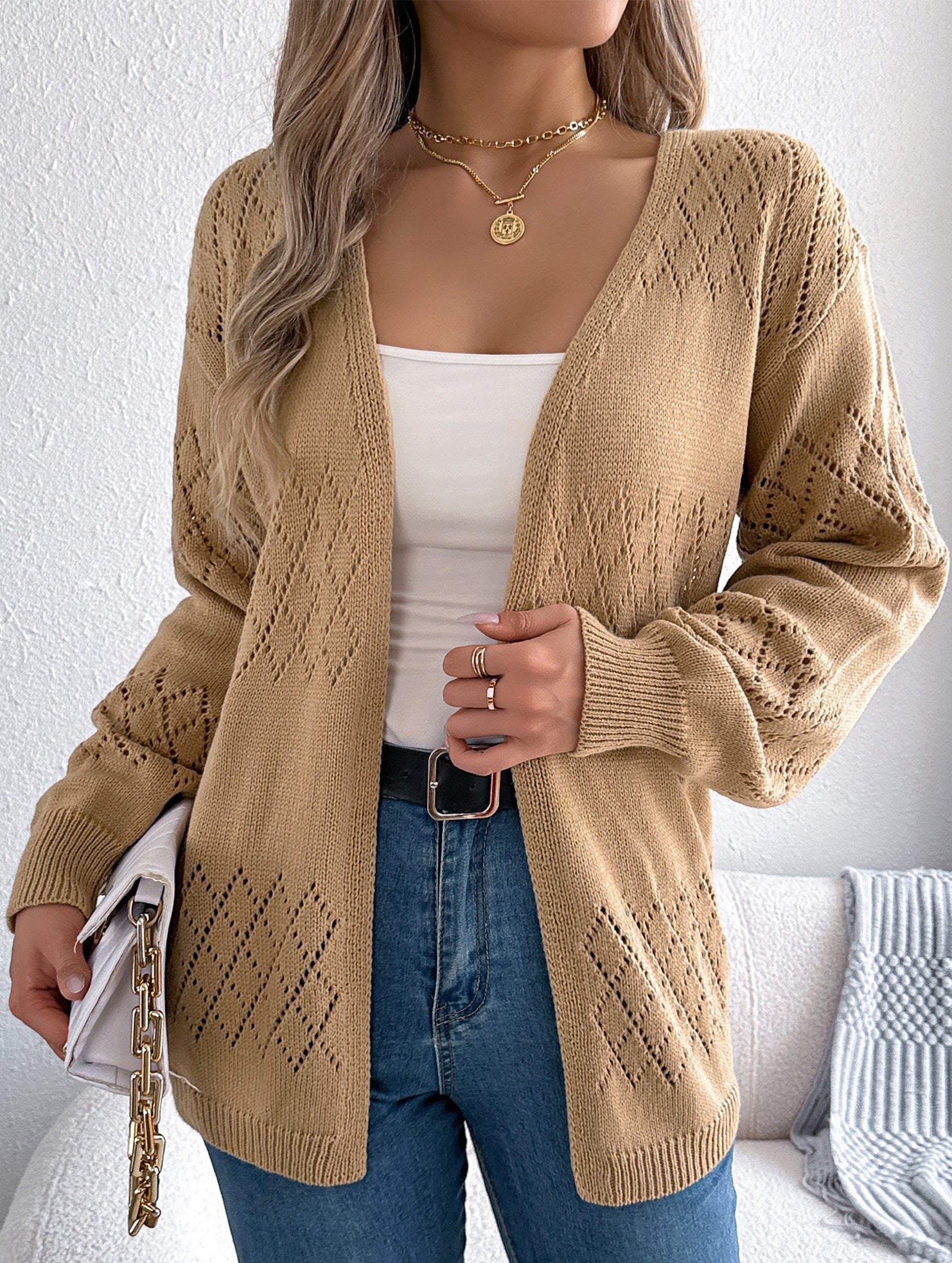 Casual solid color hollow cardigan sweater