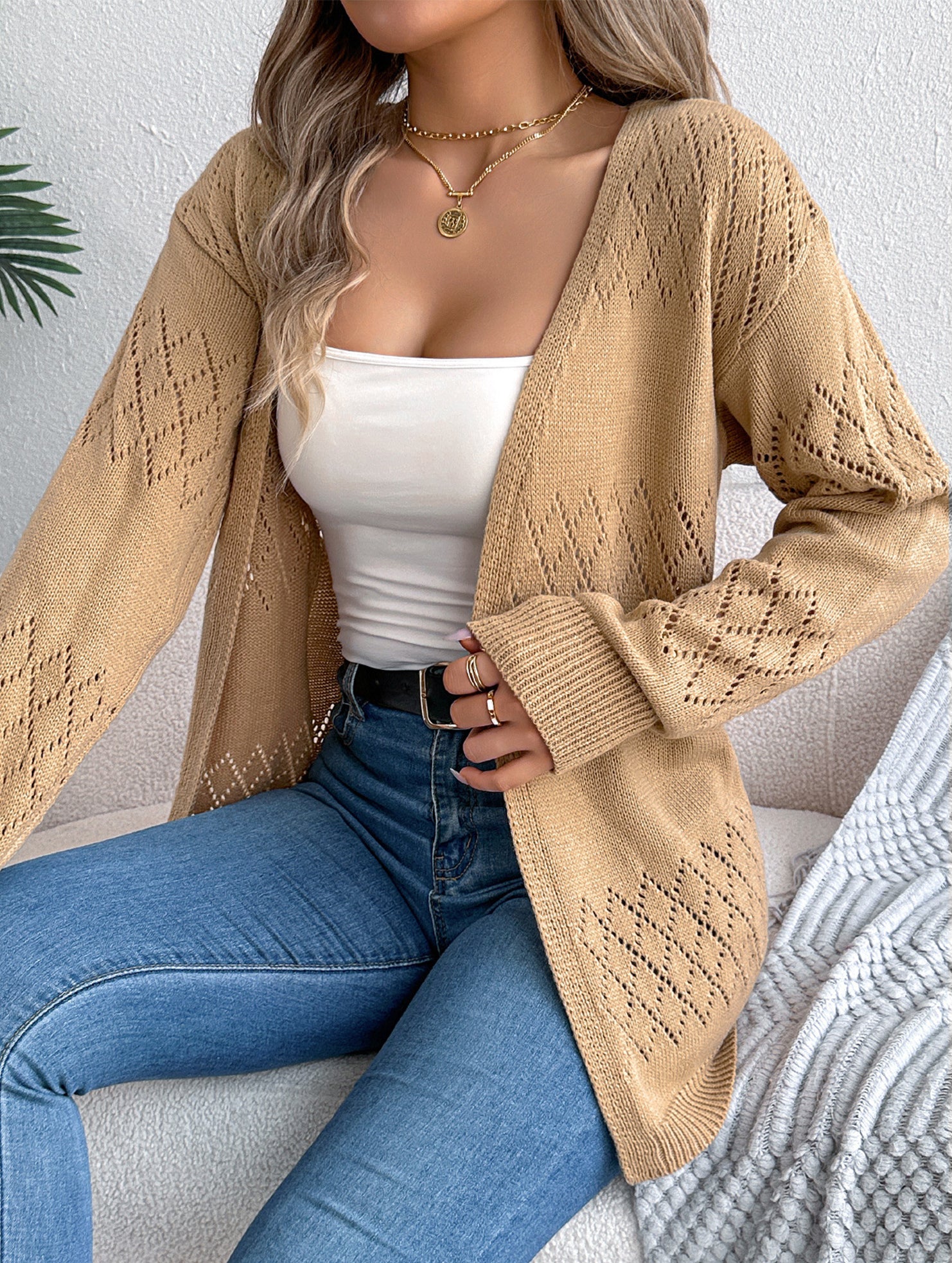 Casual solid color hollow cardigan sweater