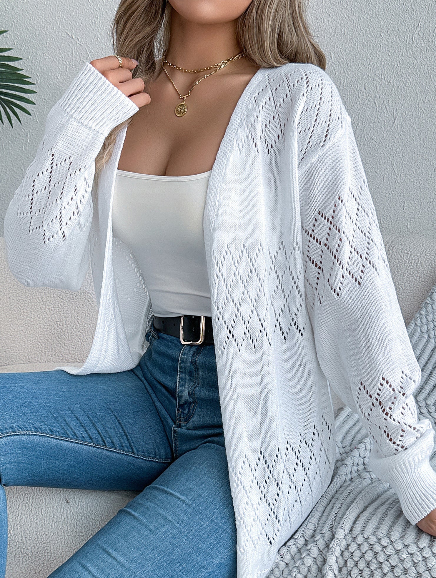 Casual solid color hollow cardigan sweater