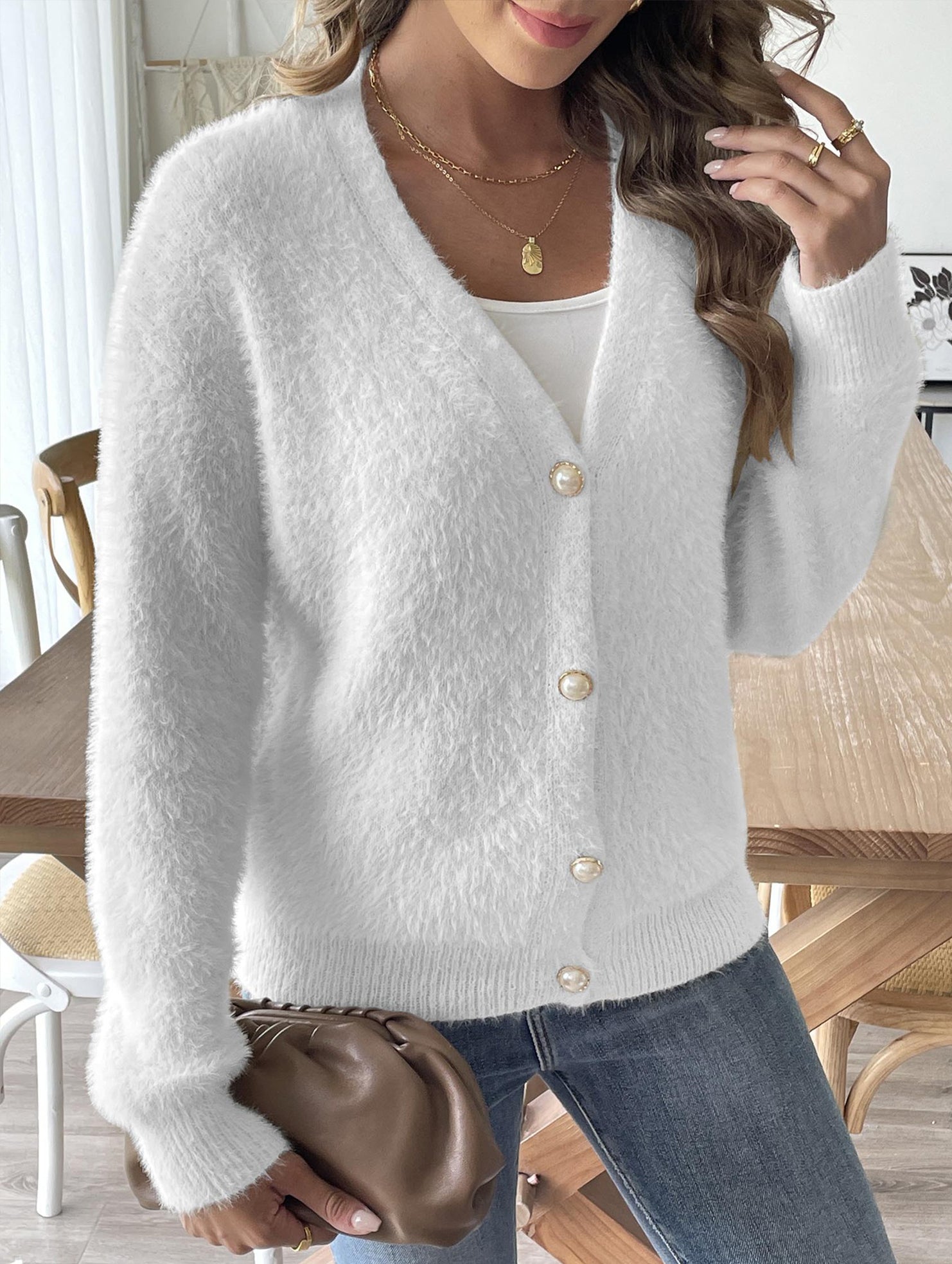Pearl Button Four-Button Cardigan Sweater