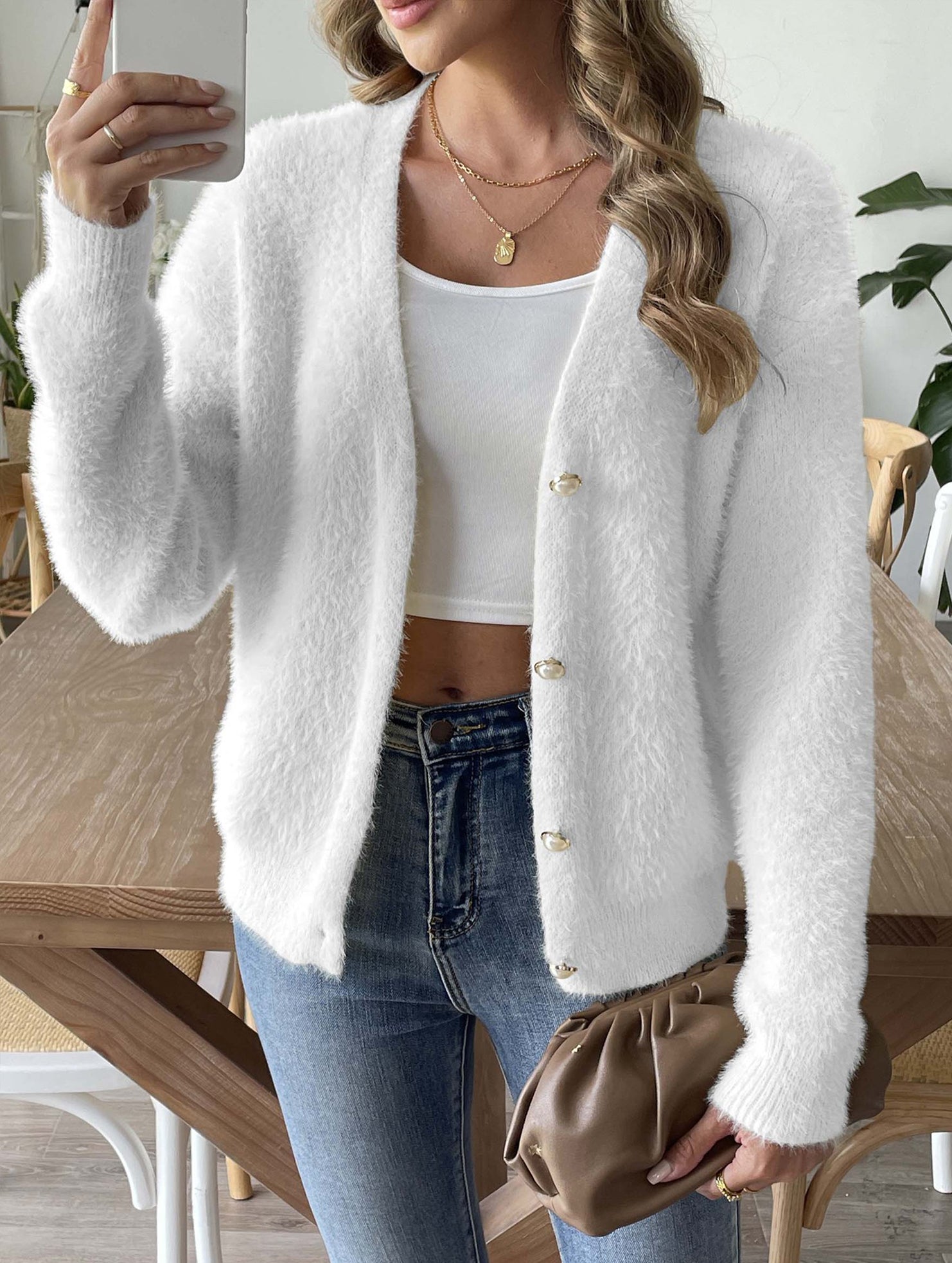 Pearl Button Four-Button Cardigan Sweater