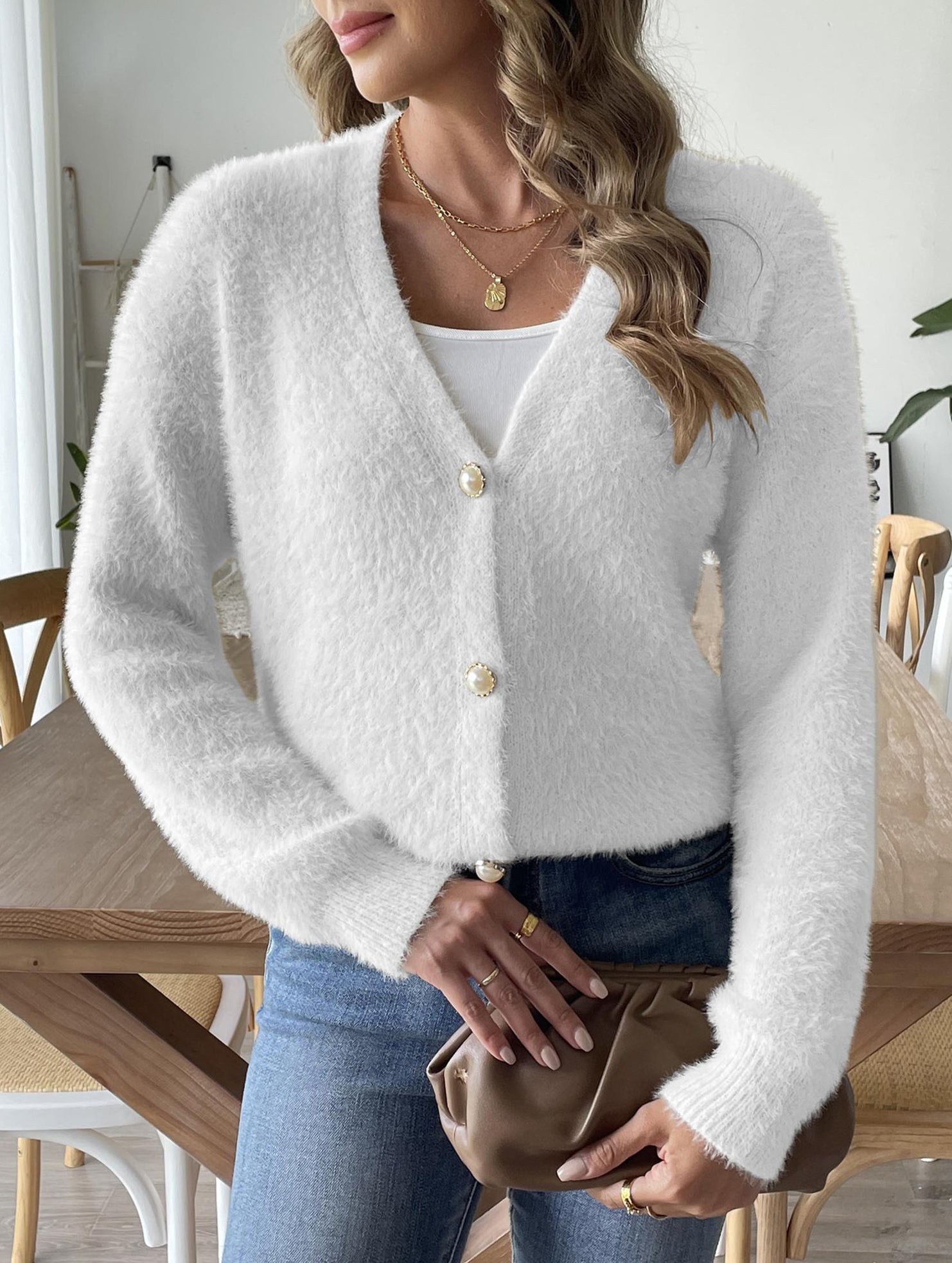 Pearl Button Four-Button Cardigan Sweater