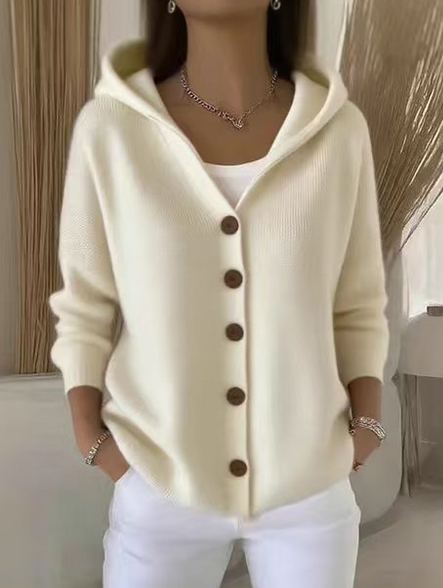 Single-breasted loose hooded knitted cardigan