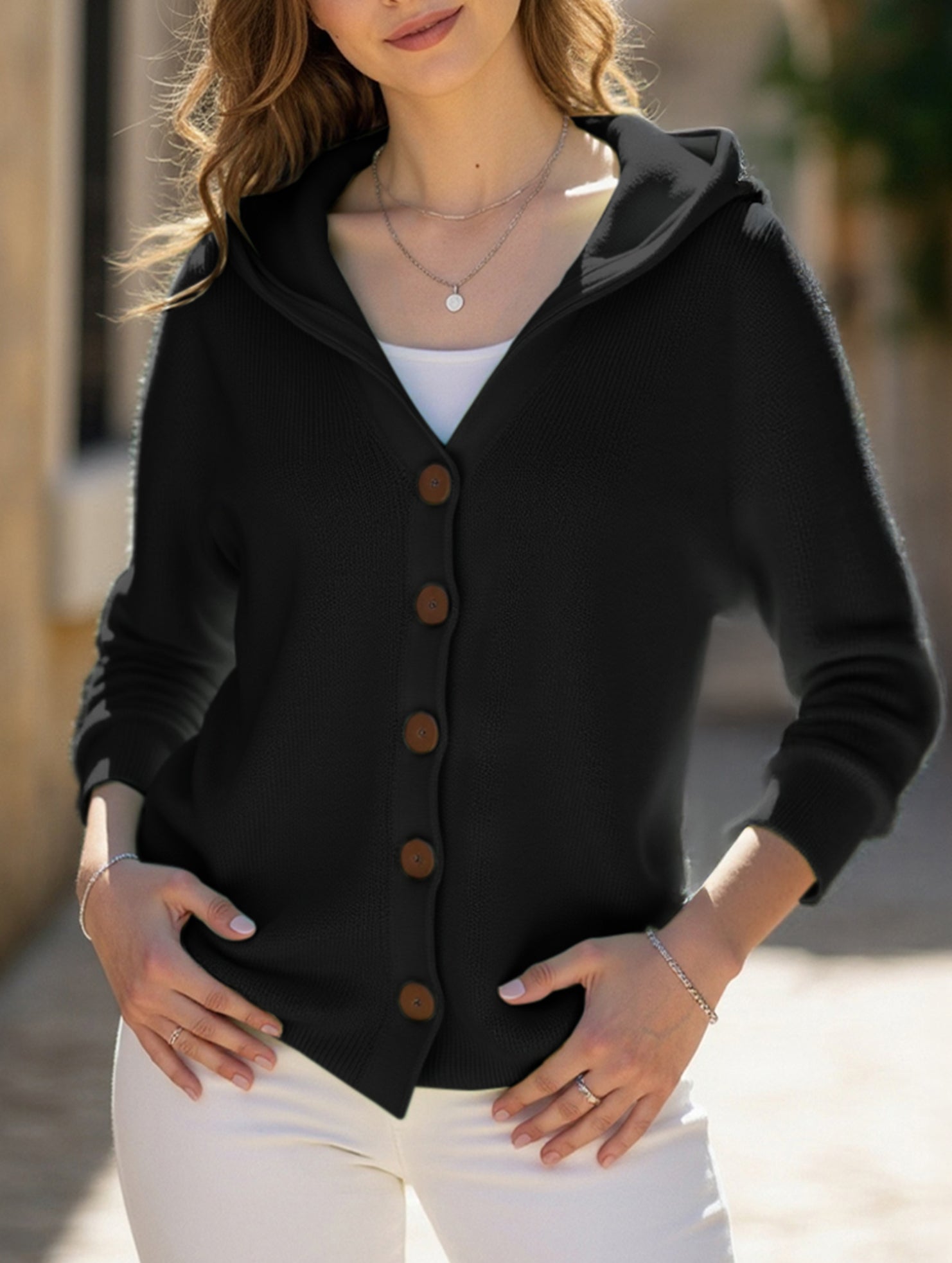 Single-breasted loose hooded knitted cardigan