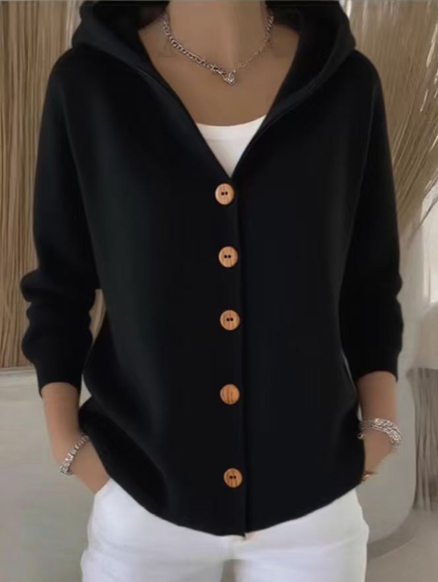 Single-breasted loose hooded knitted cardigan