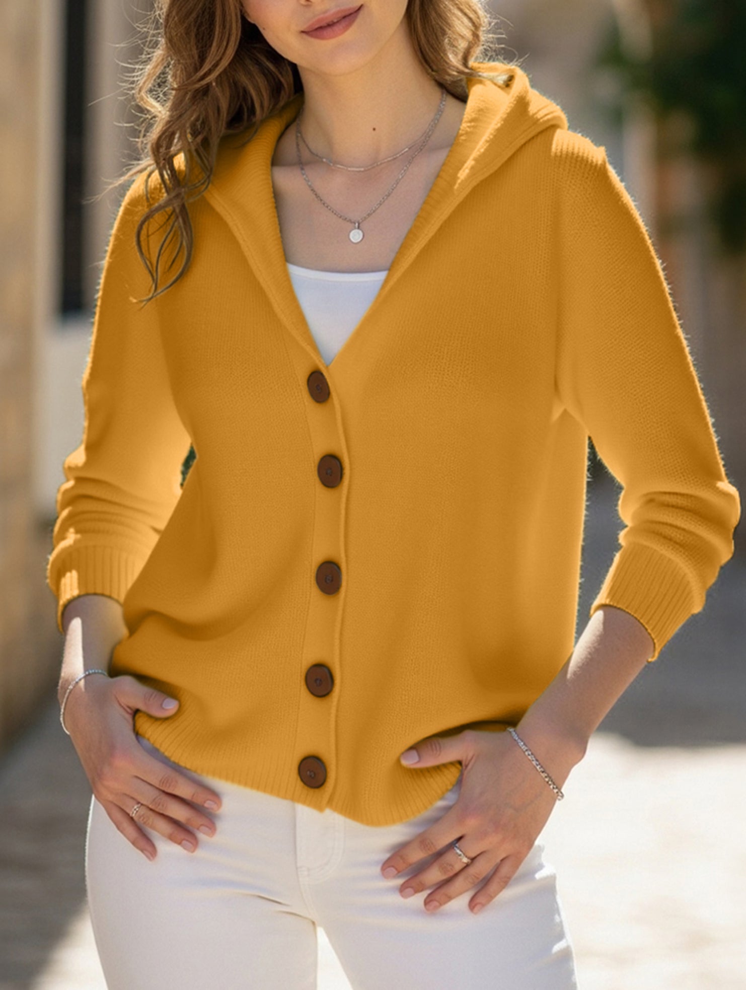 Single-breasted loose hooded knitted cardigan