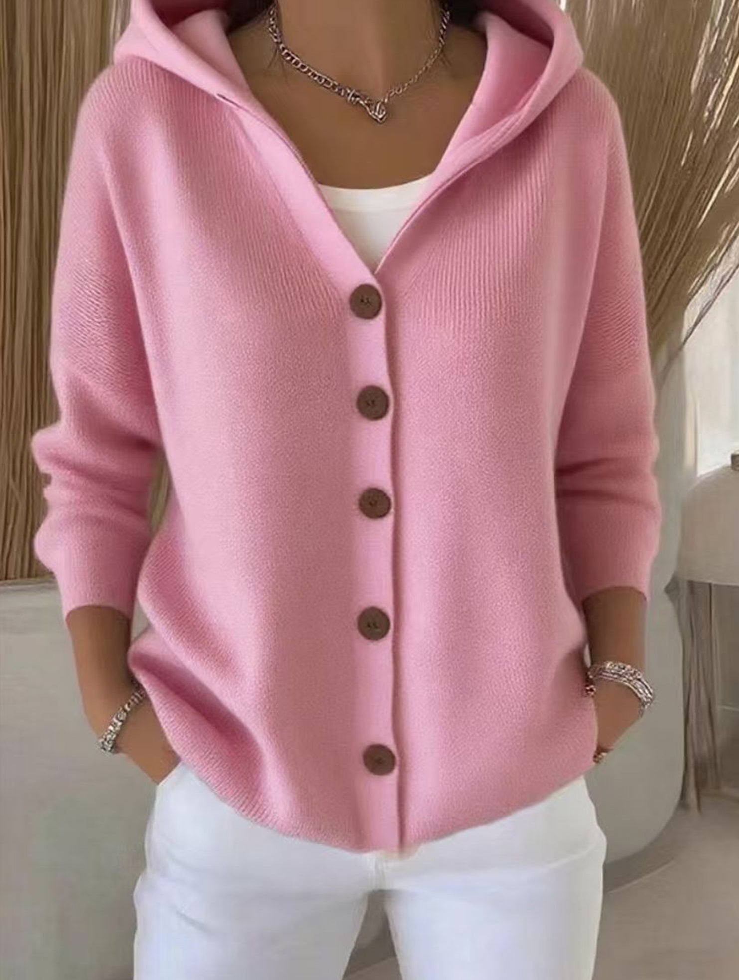 Single-breasted loose hooded knitted cardigan