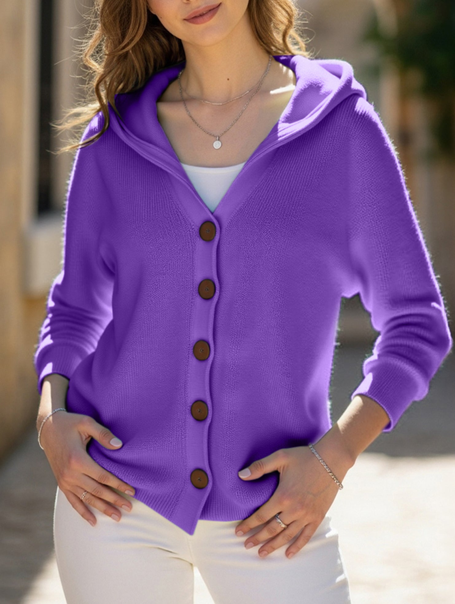 Single-breasted loose hooded knitted cardigan