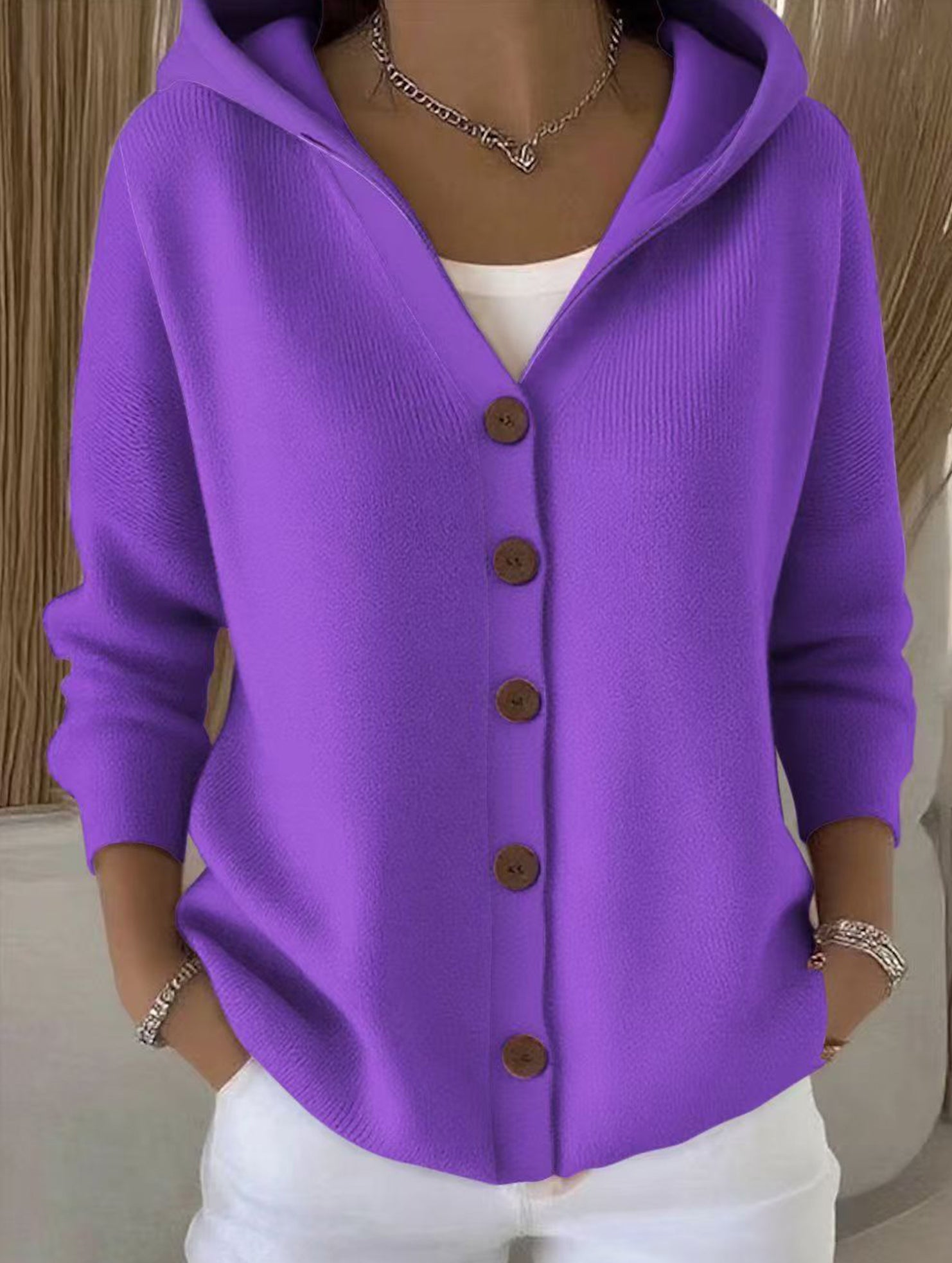 Single-breasted loose hooded knitted cardigan