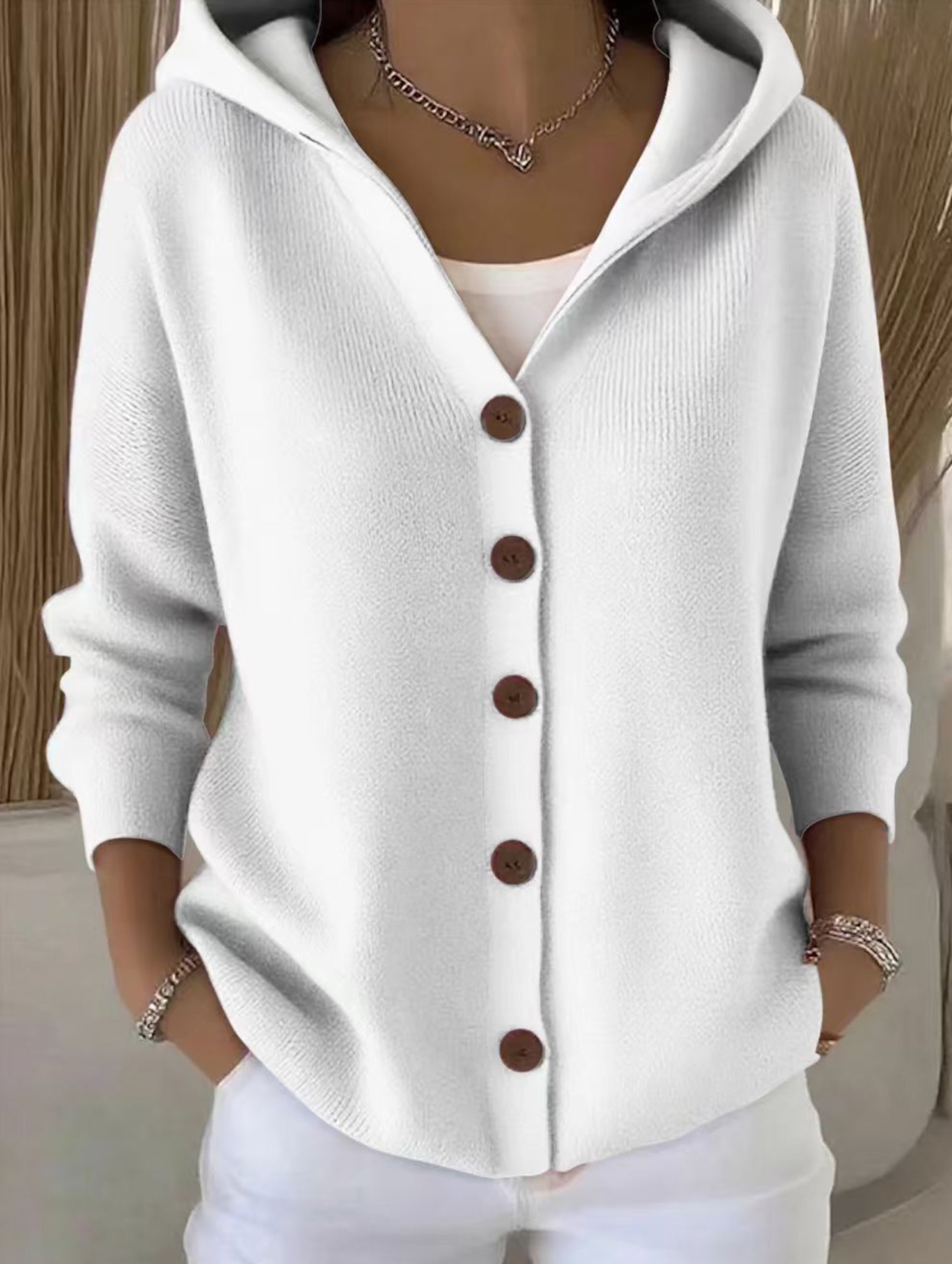 Single-breasted loose hooded knitted cardigan