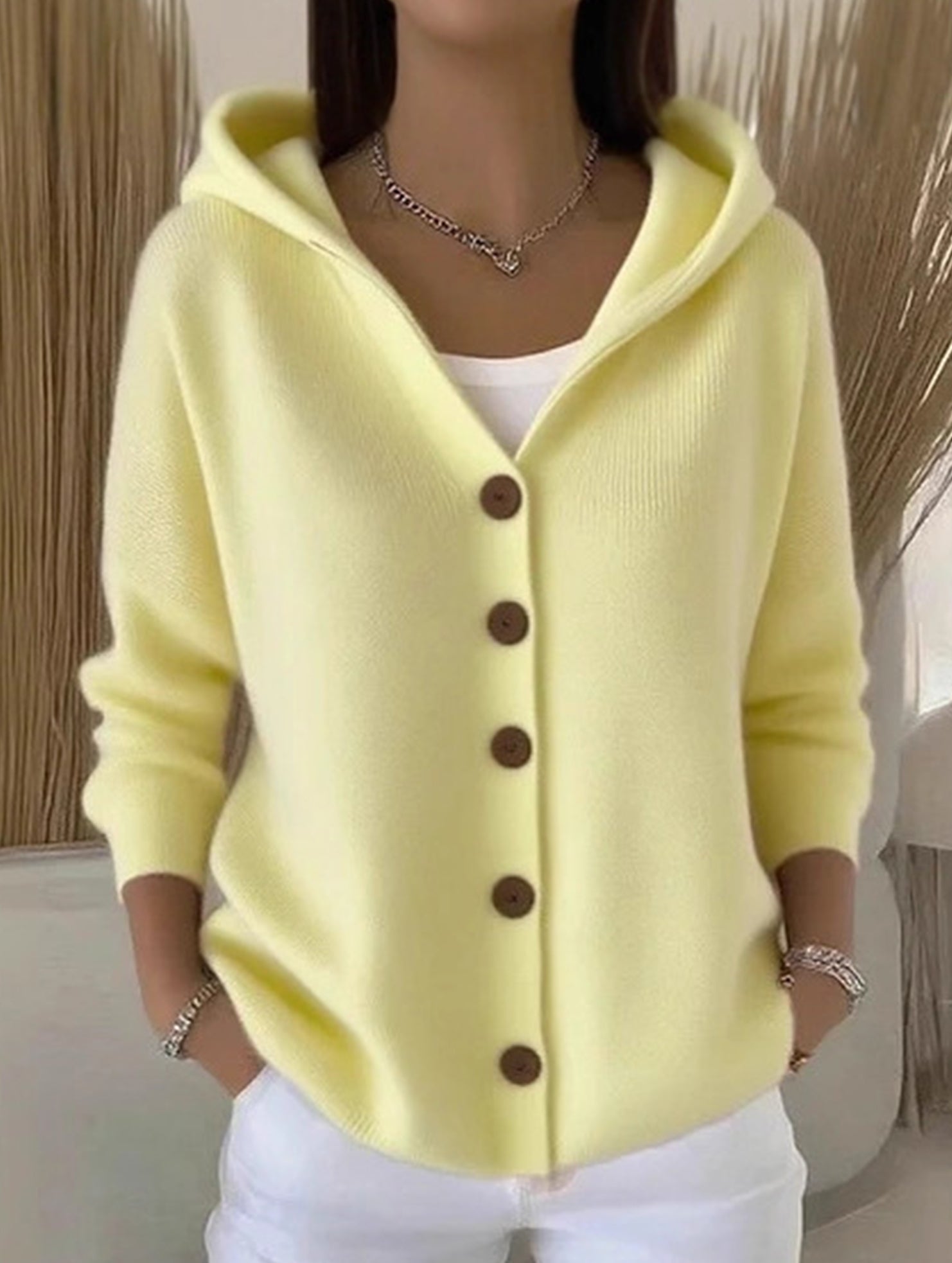 Single-breasted loose hooded knitted cardigan