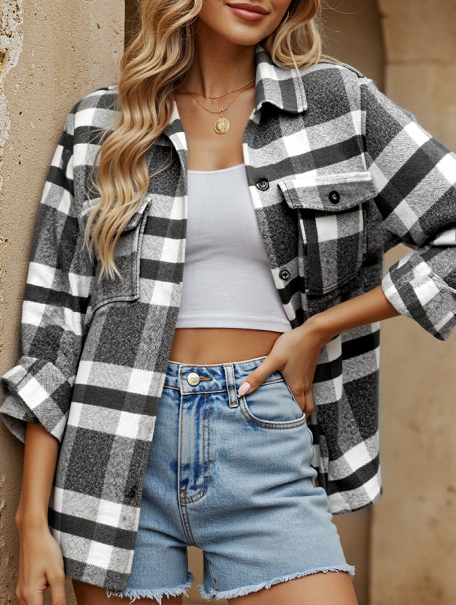 Casual loose plaid long-sleeved shirt
