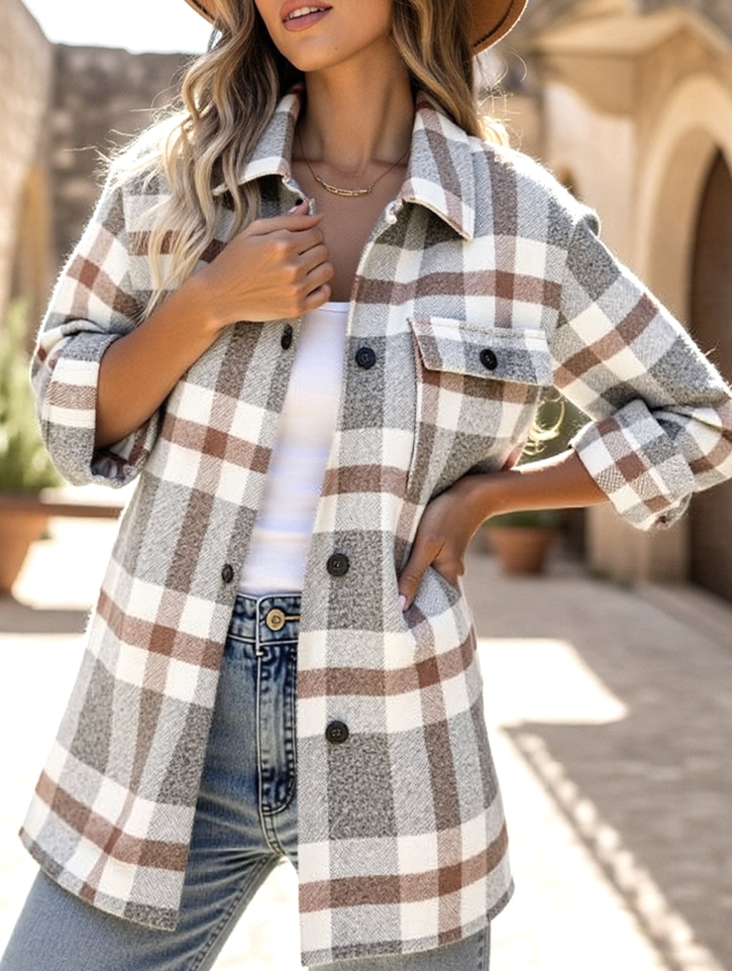 Casual loose plaid long-sleeved shirt