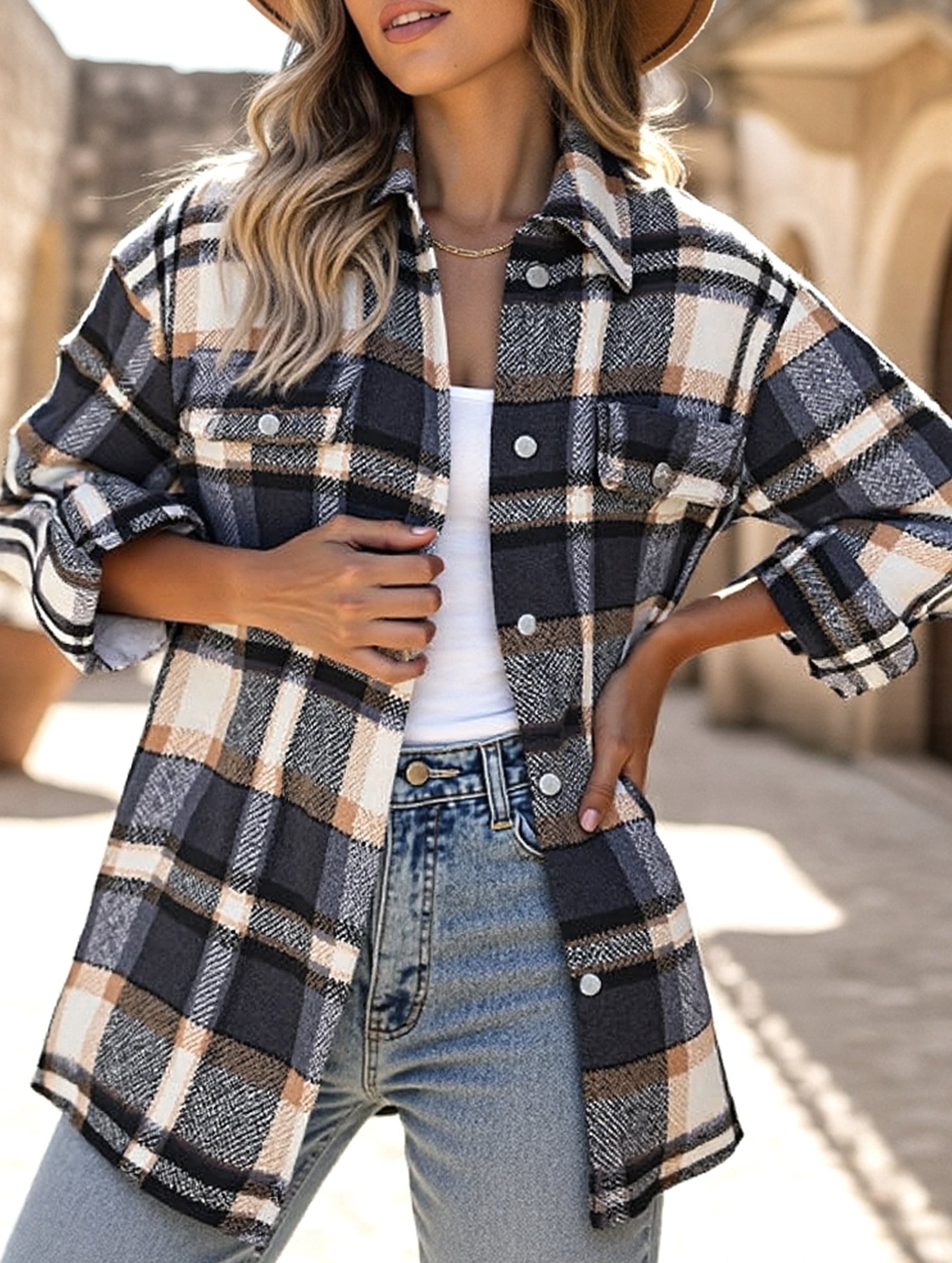 Casual loose plaid long-sleeved shirt