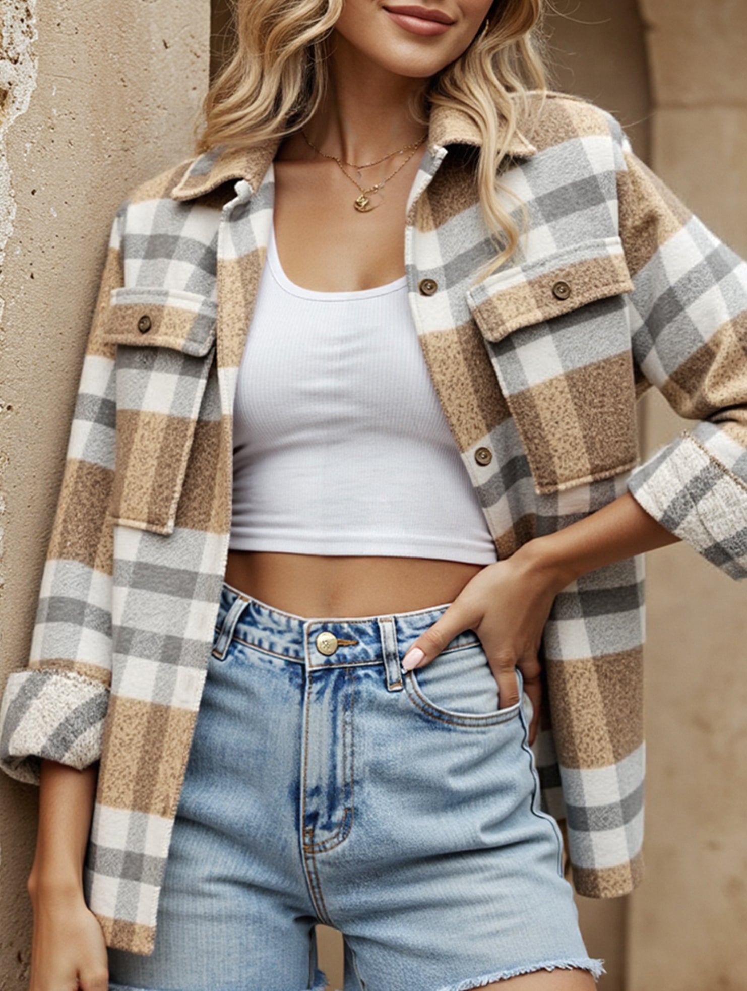 Casual loose plaid long-sleeved shirt