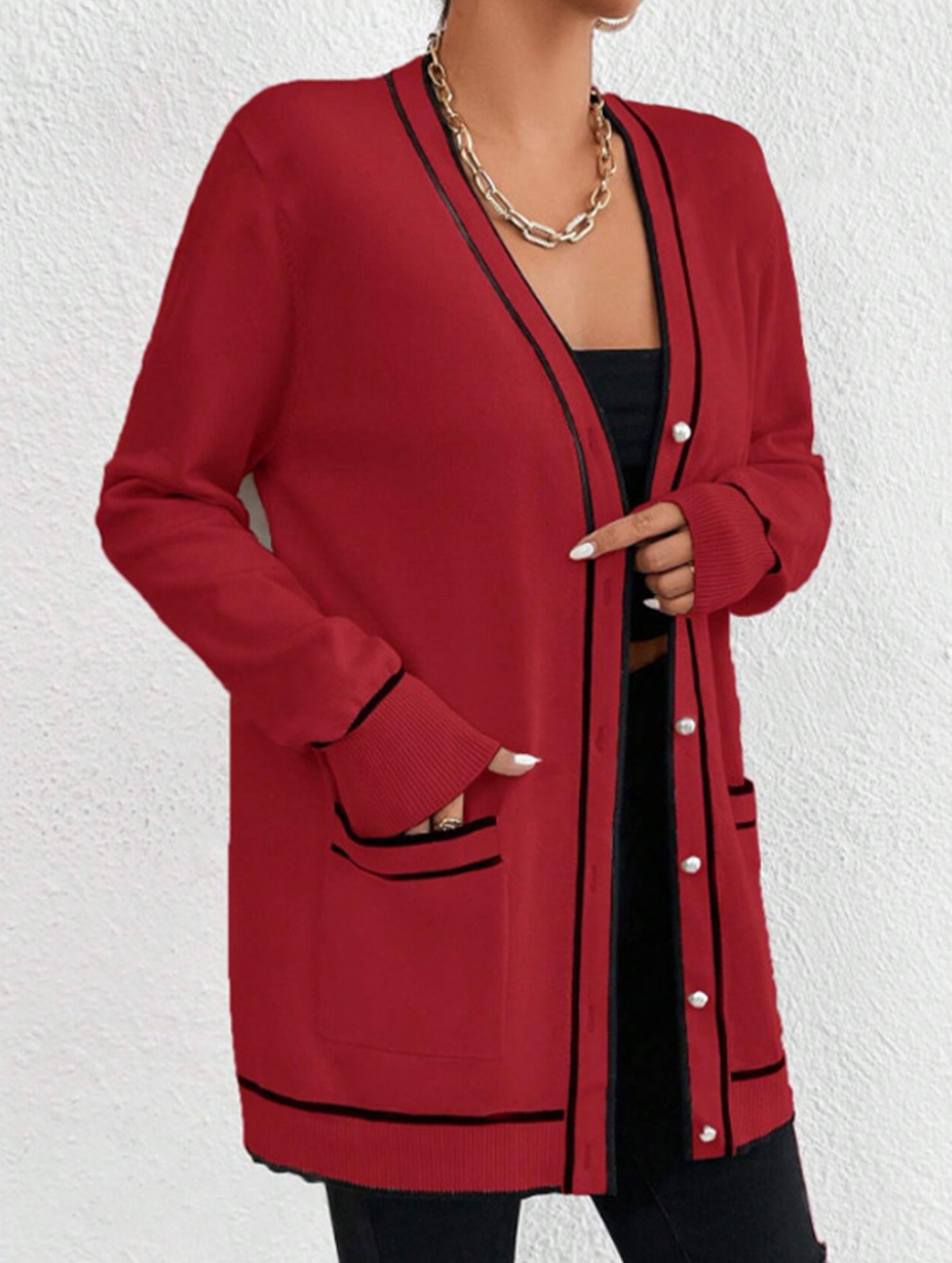 Loose knitted V-neck long-sleeved cardigan