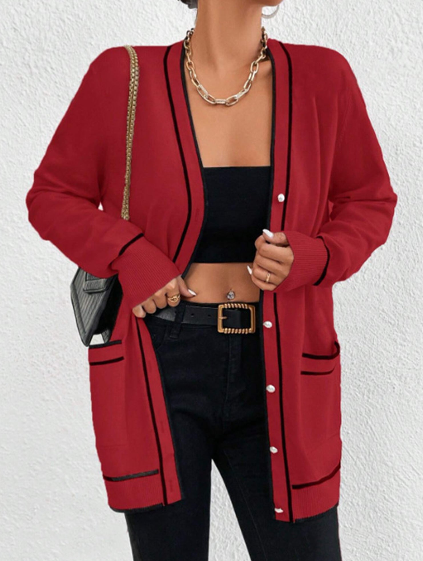 Loose knitted V-neck long-sleeved cardigan