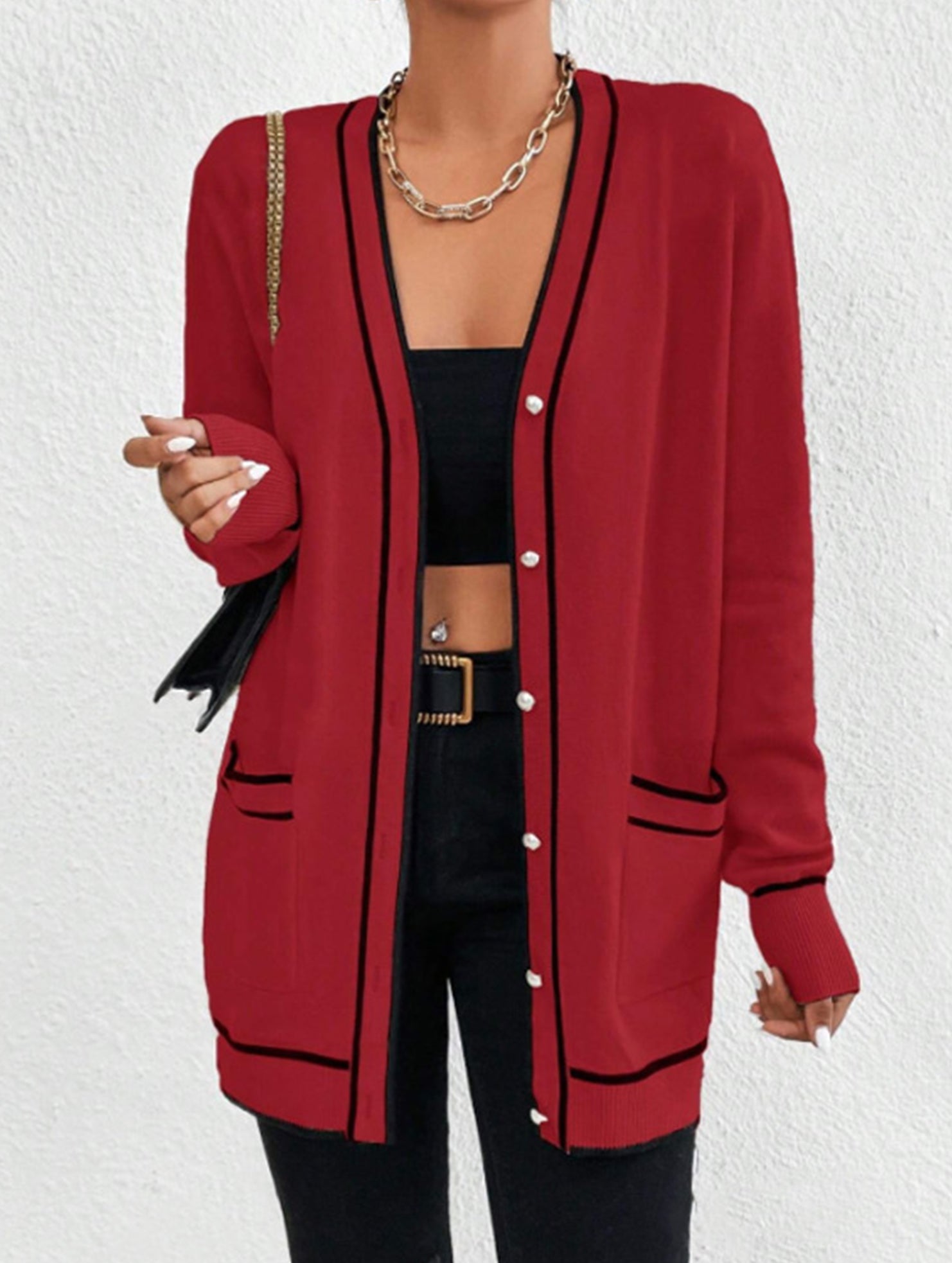 Loose knitted V-neck long-sleeved cardigan