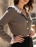 Lace-trimmed knitted cardigan sweater
