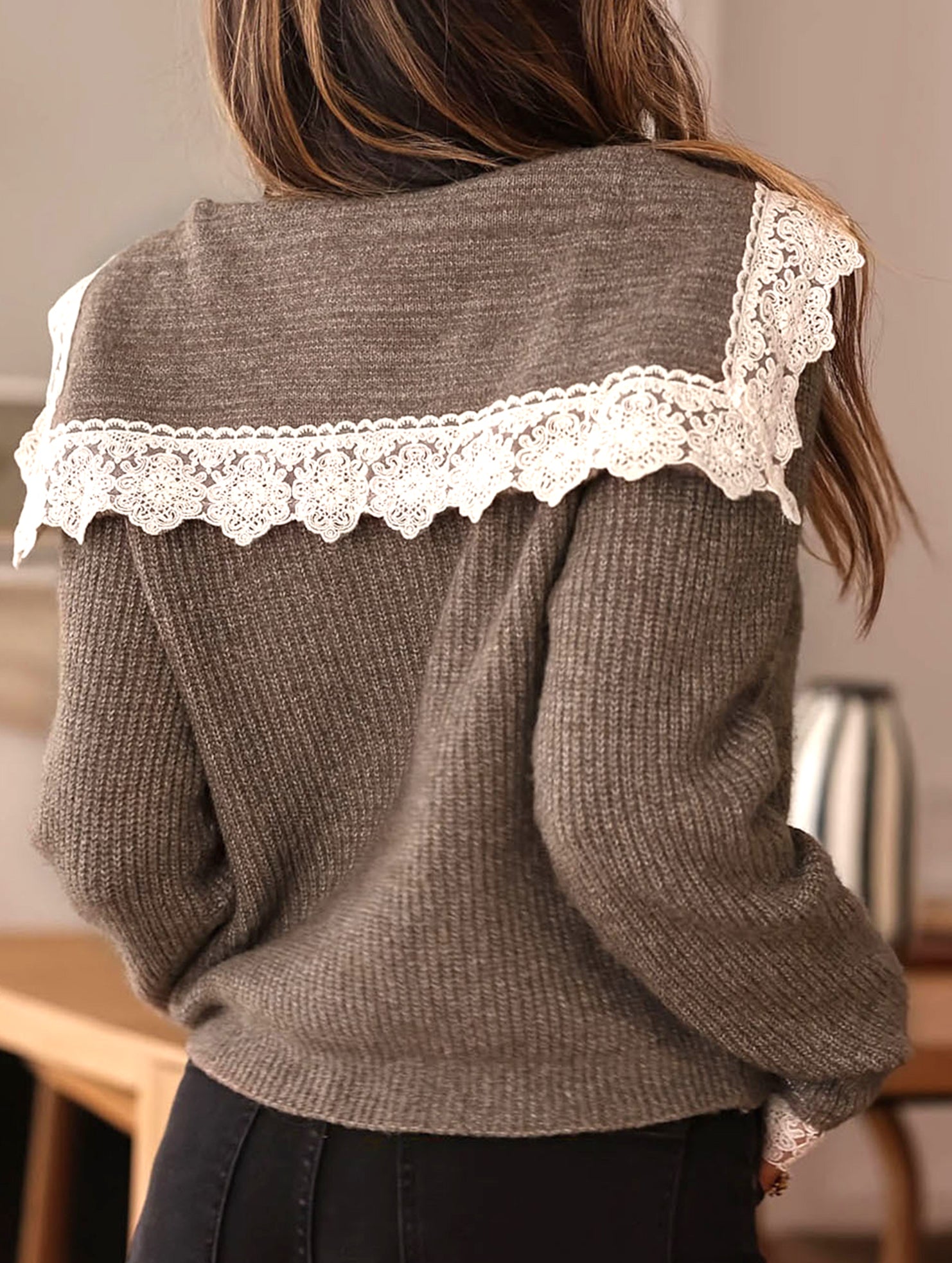 Lace-trimmed knitted cardigan sweater