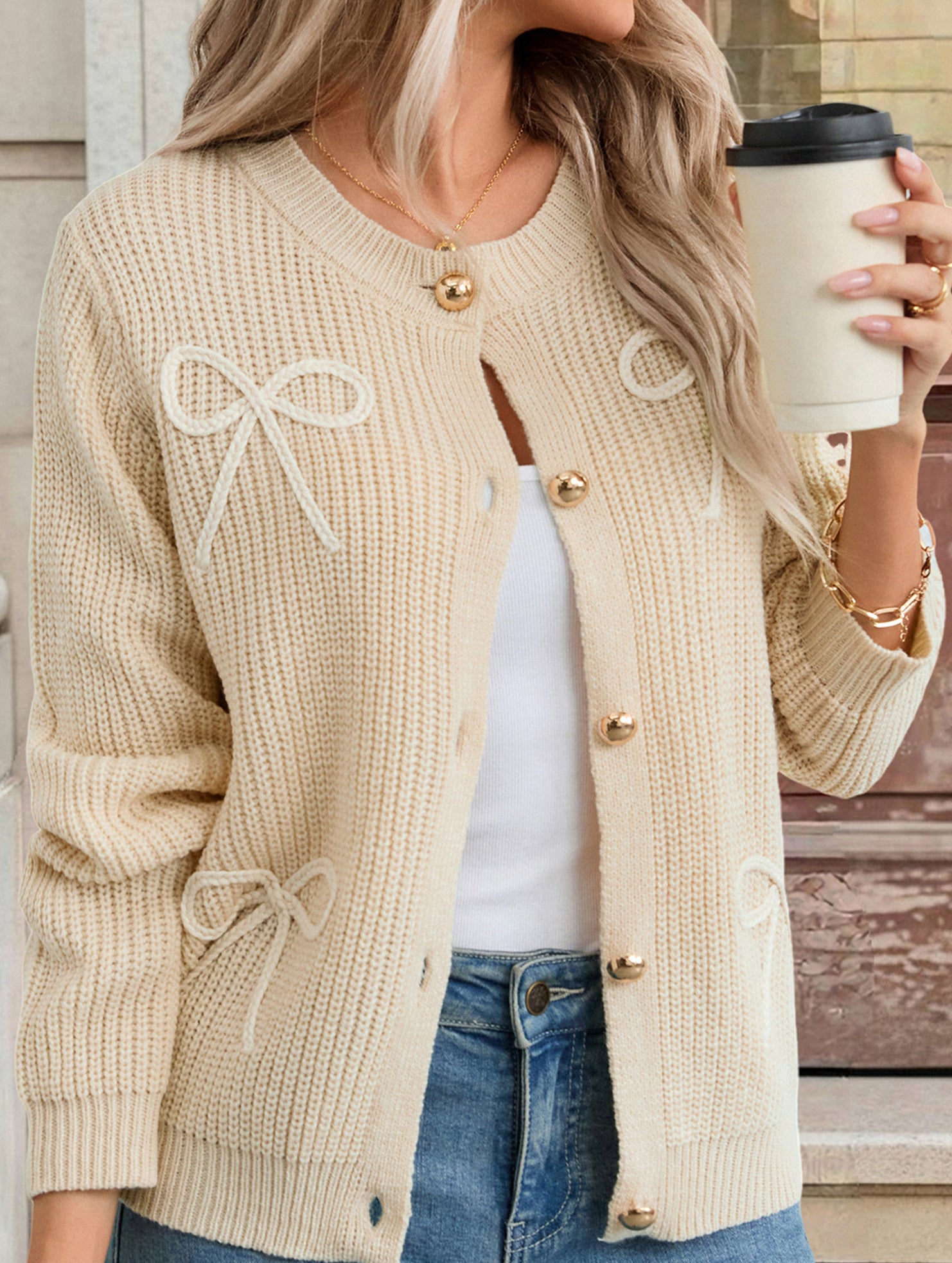 Versatile Bow Embroidered Knitted Cardigan