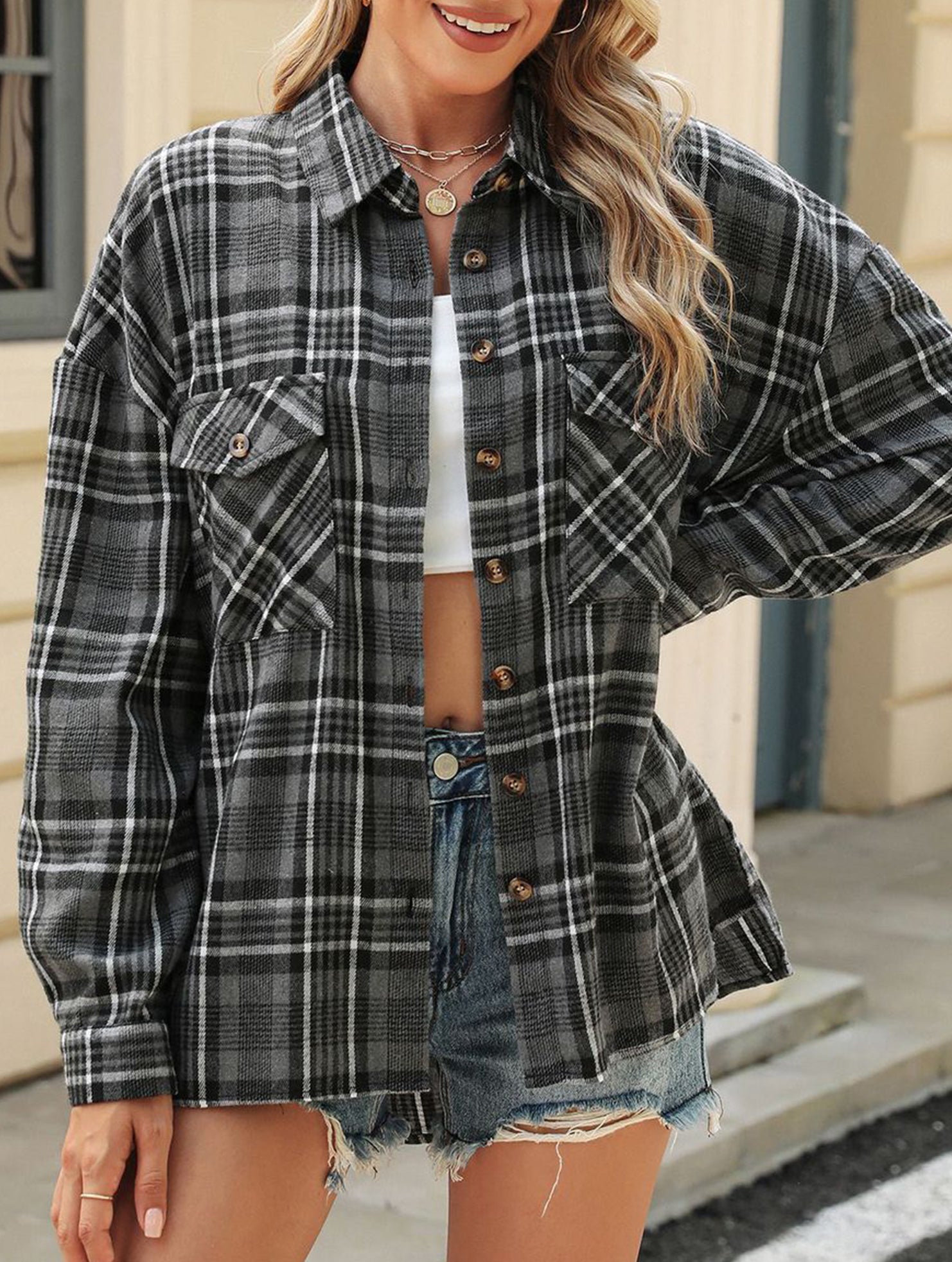 Lapel Pocket Plaid Loose Long Sleeve Cardigan