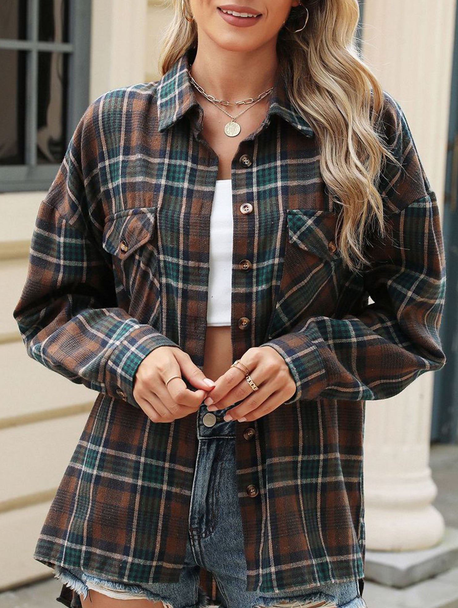 Lapel Pocket Plaid Loose Long Sleeve Cardigan