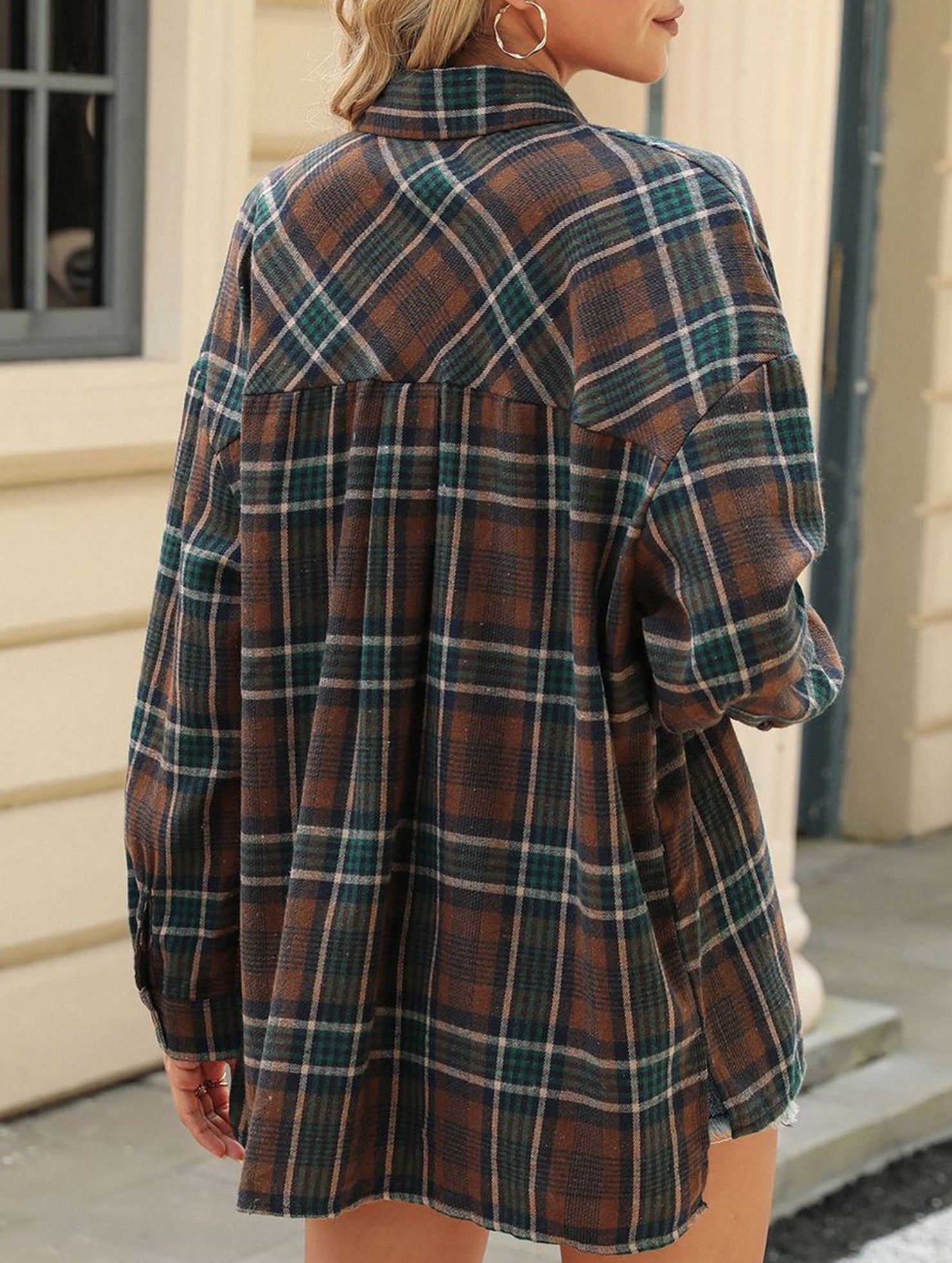 Lapel Pocket Plaid Loose Long Sleeve Cardigan