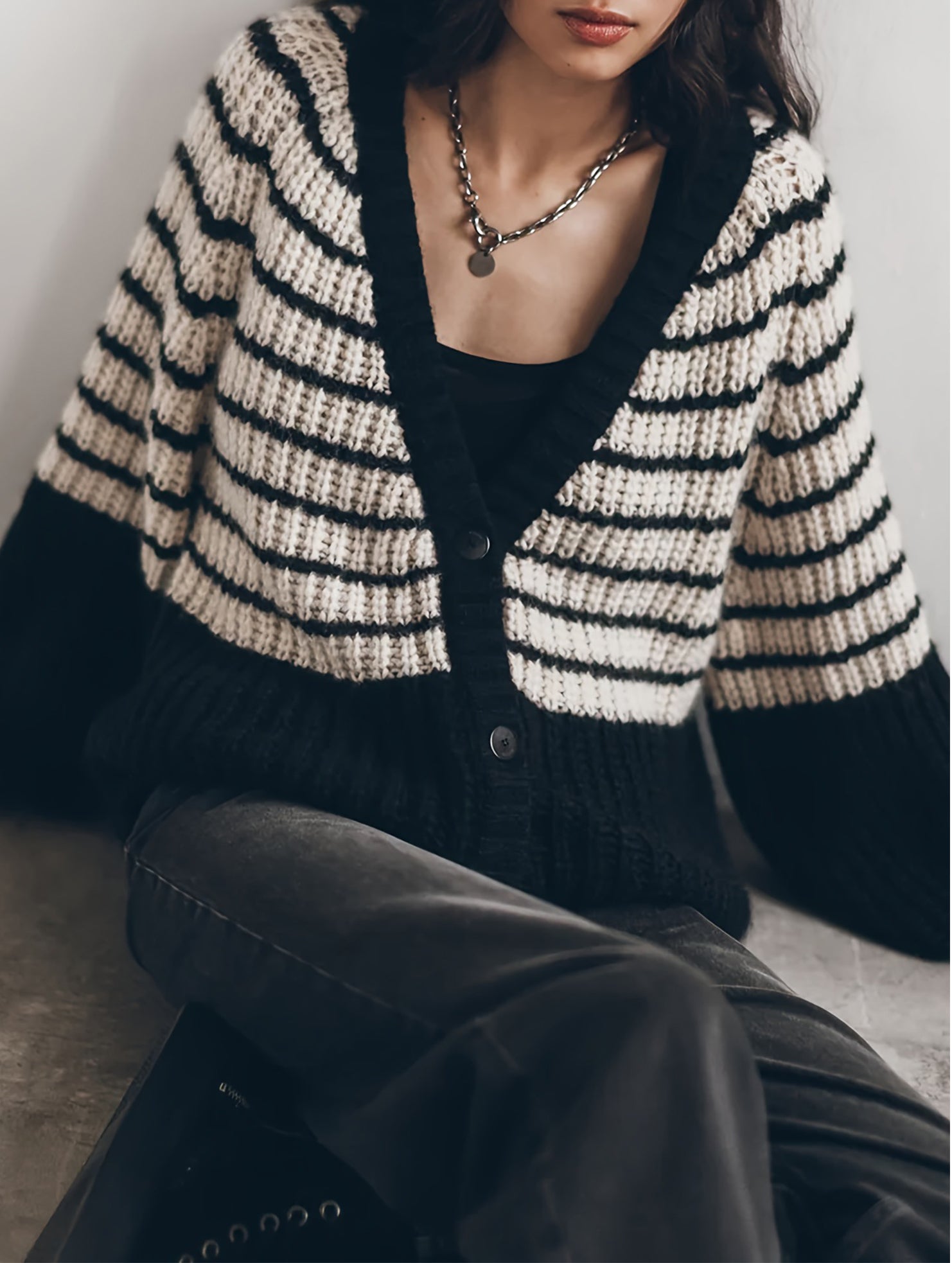 Black and white striped knitted cardigan