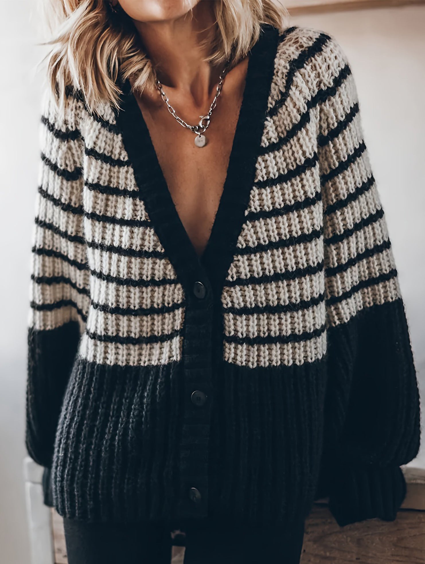 Black and white striped knitted cardigan