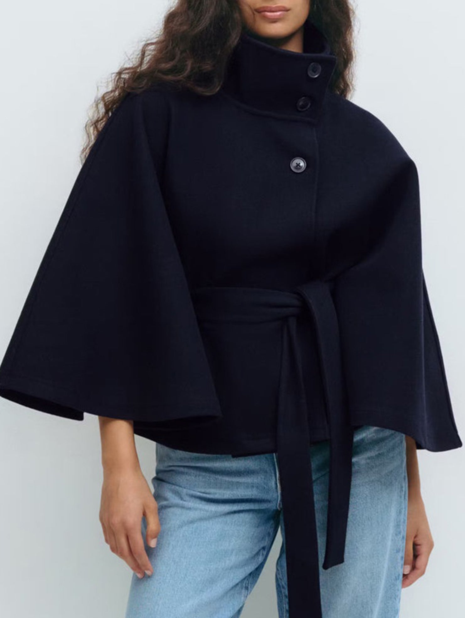 Cape stand collar button belt trench coat