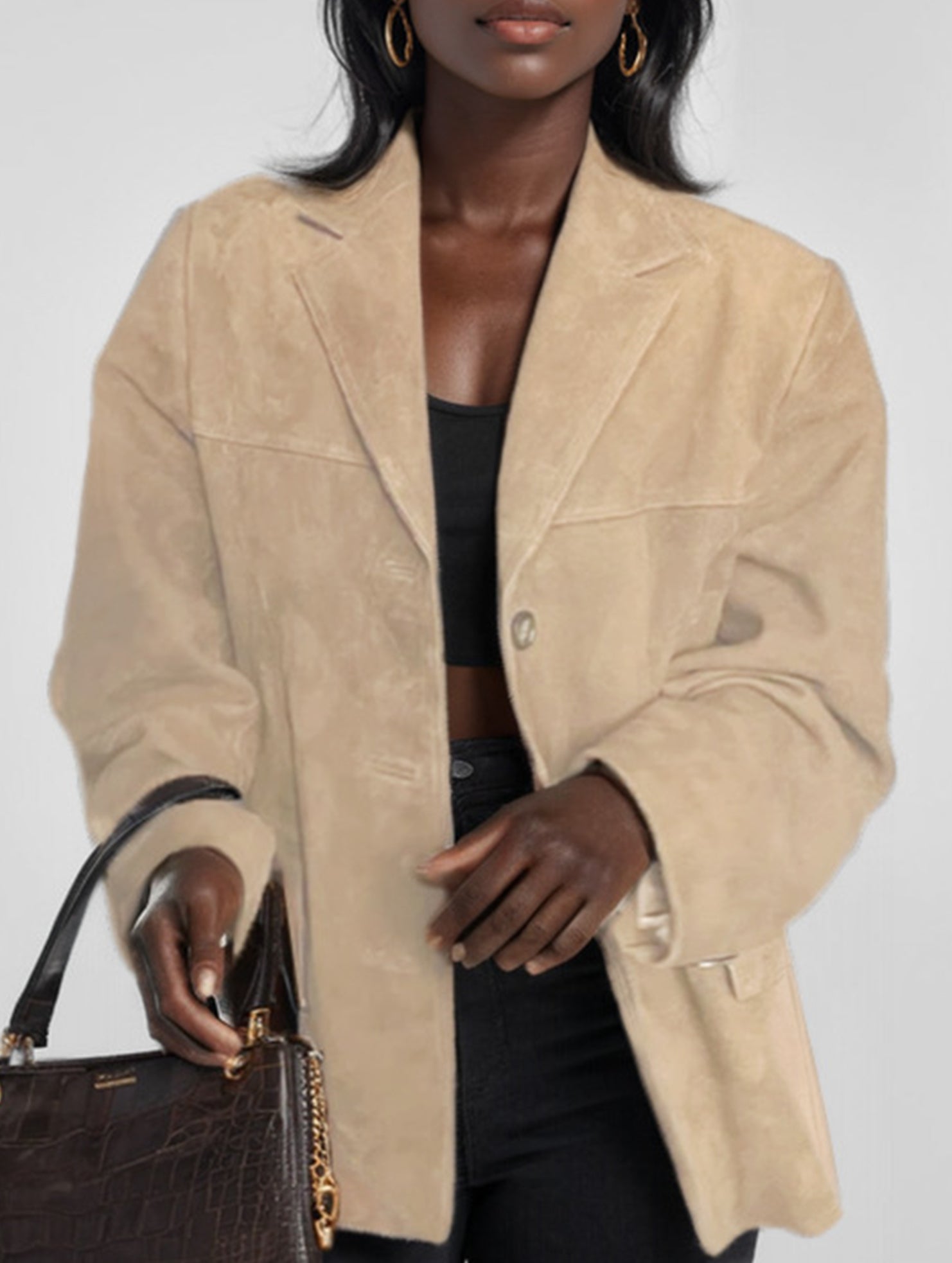 Vintage Brown Loose Pocket Long Sleeve Blazer